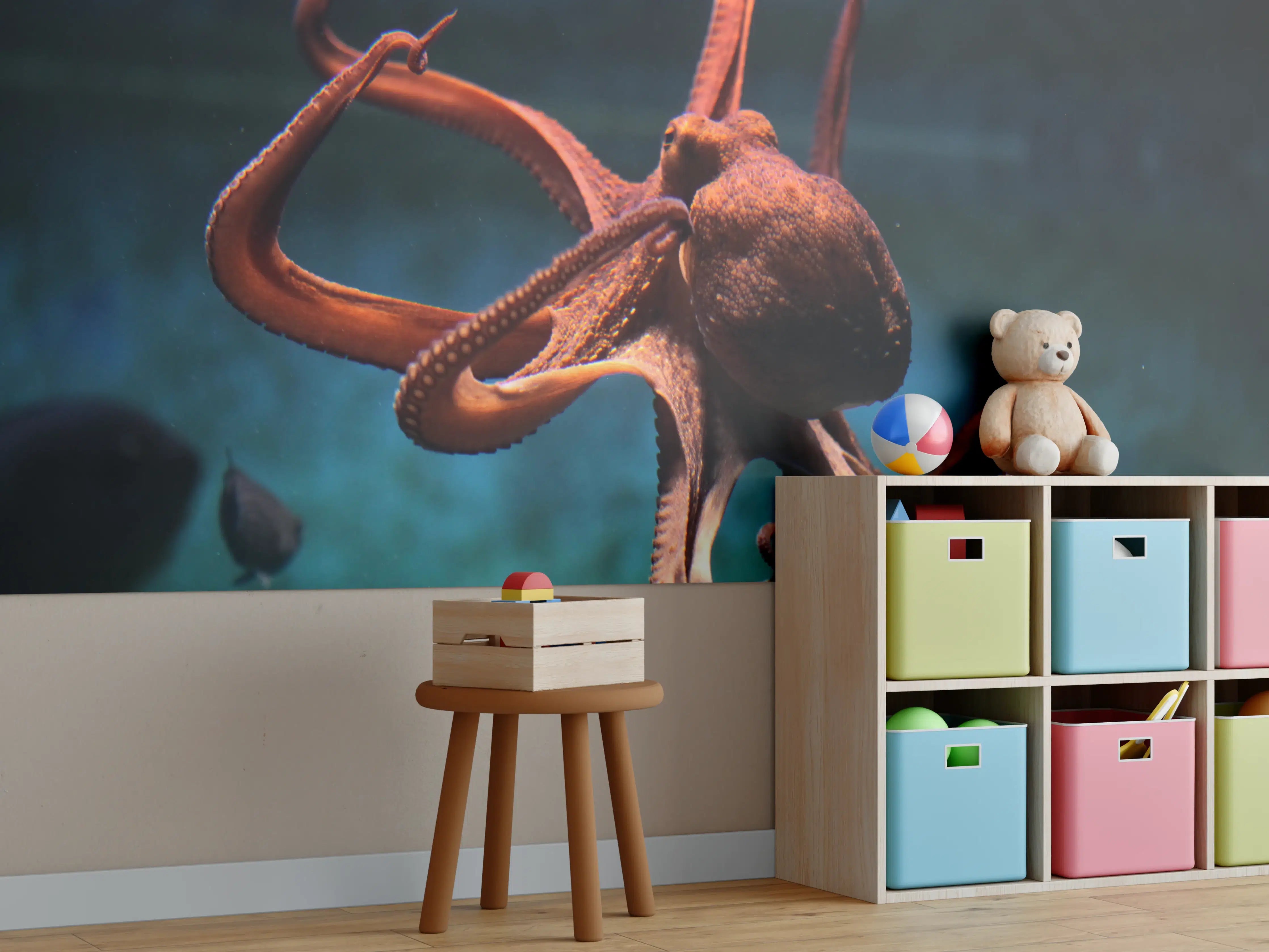 Kinderzimmer Wandgestaltung - rötlicher Oktopus Unterwasser 