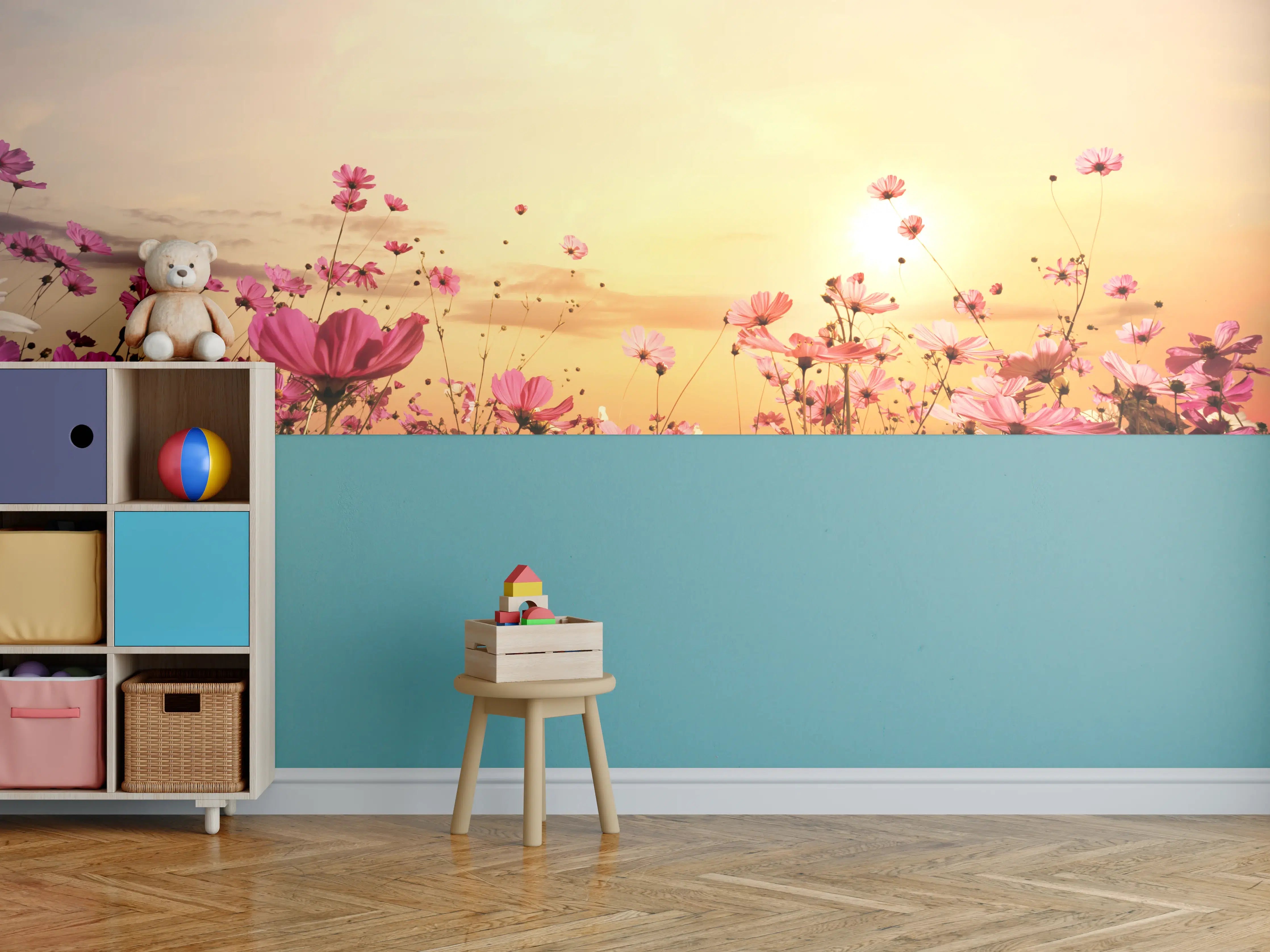 Kinderzimmer Wandgestaltung - rosa Kosmosblumenfeld