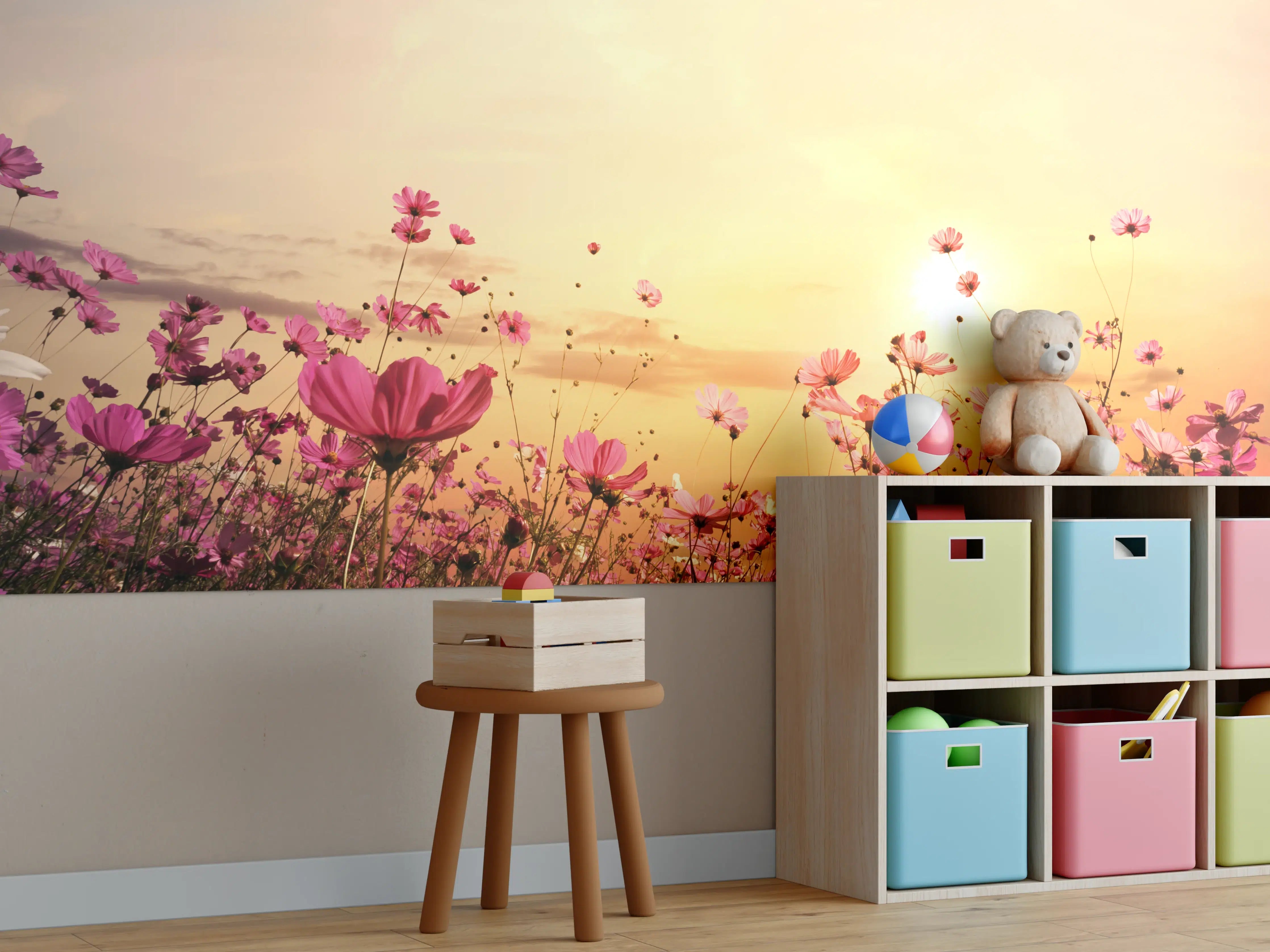 Kinderzimmer Wandgestaltung - rosa Kosmosblumenfeld