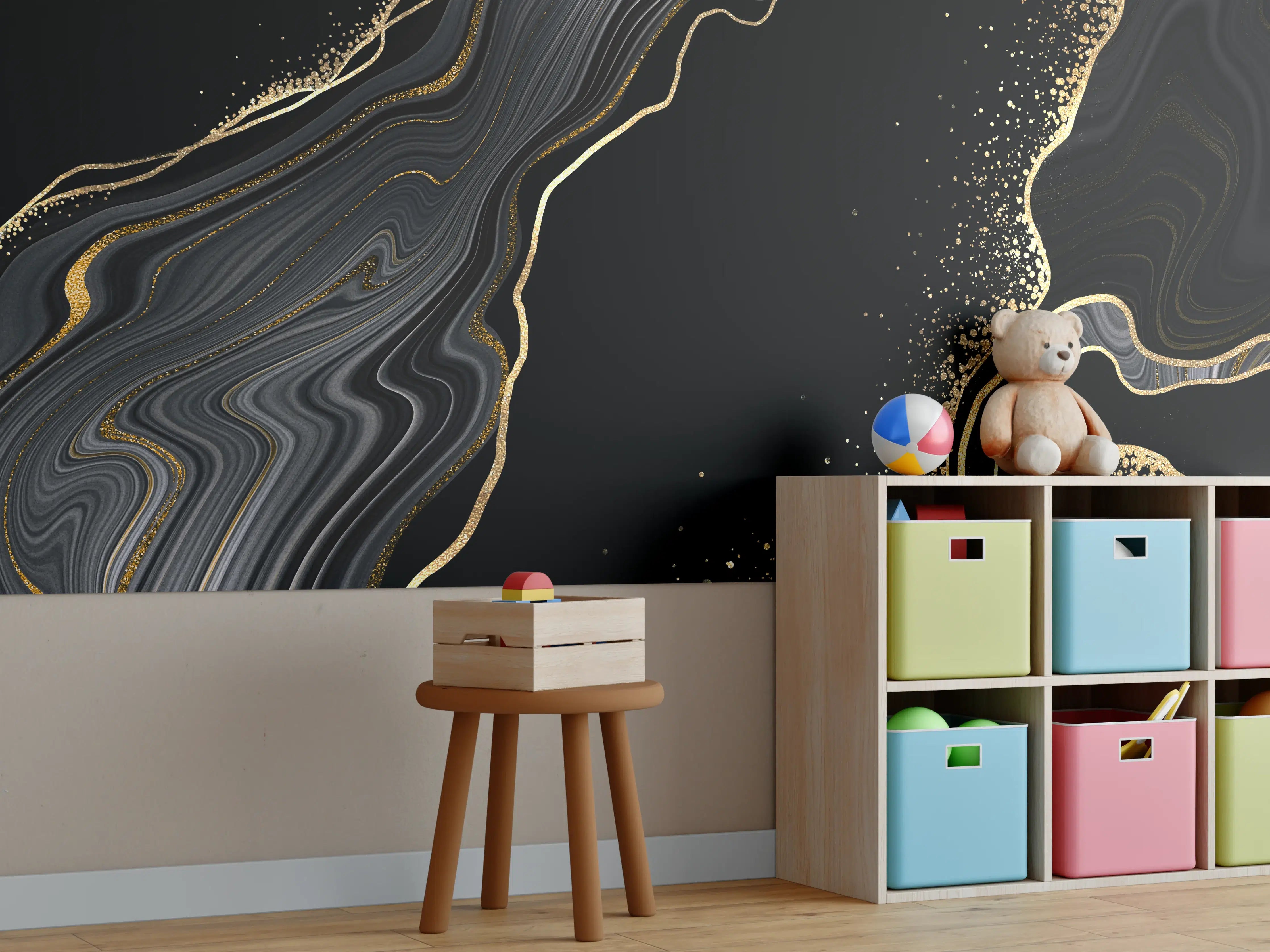 Kinderzimmer Wandgestaltung - schwarzer Achat Hintergrund mit goldenen Adern