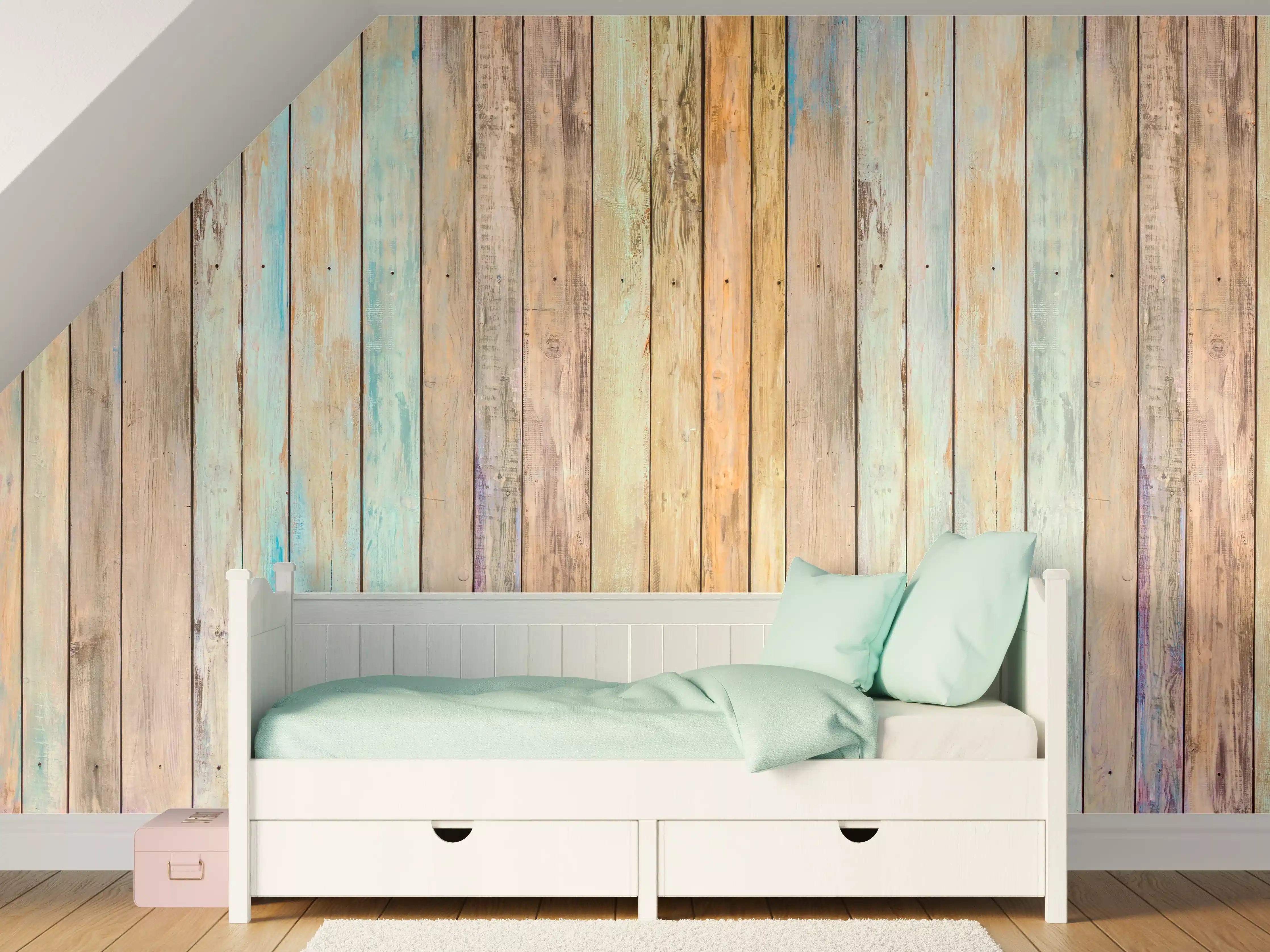 Kinderzimmer Wandgestaltung - vielfarbiger Hintergrund - alte Holzplanken