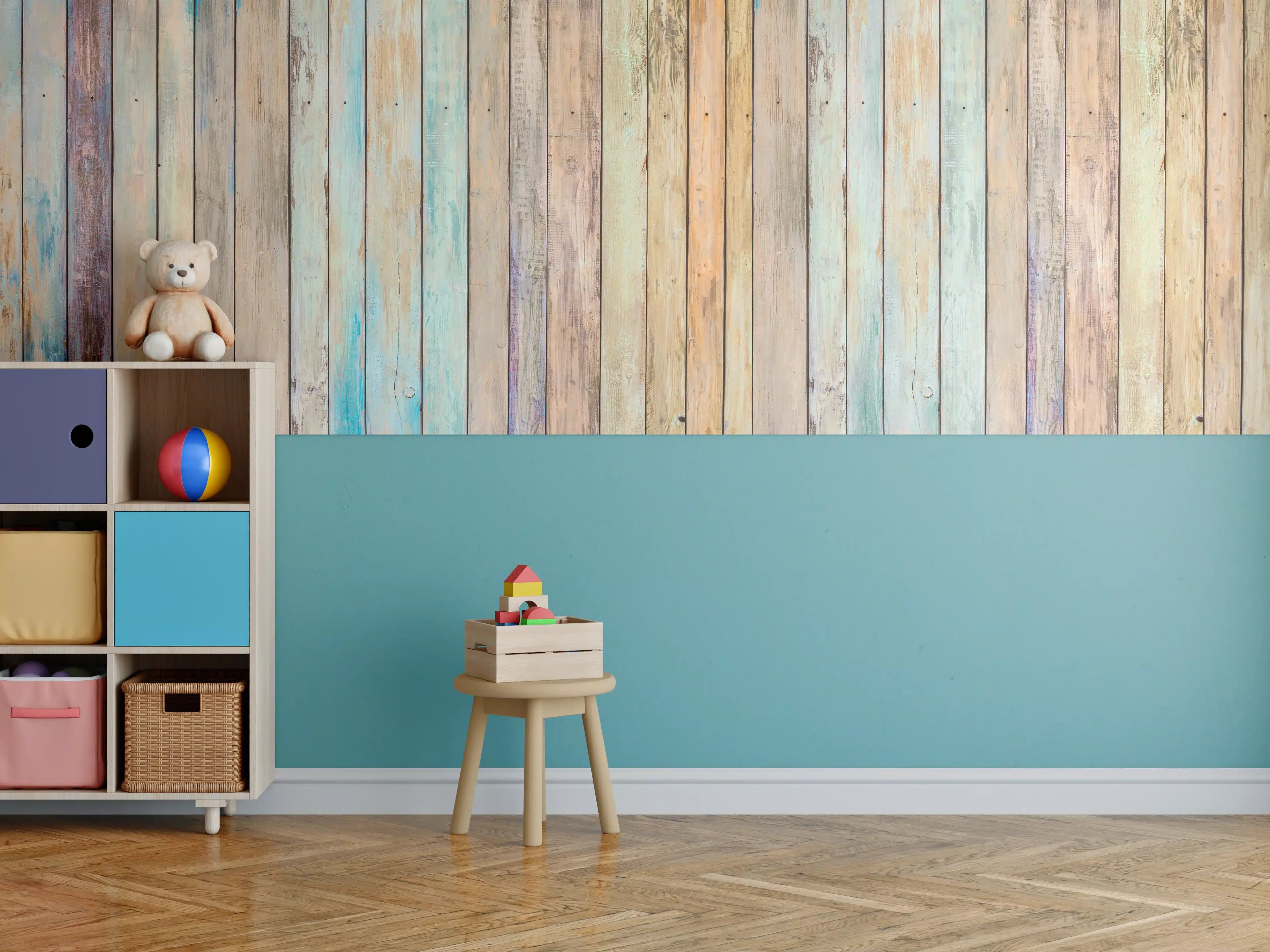 Kinderzimmer Wandgestaltung - vielfarbiger Hintergrund - alte Holzplanken