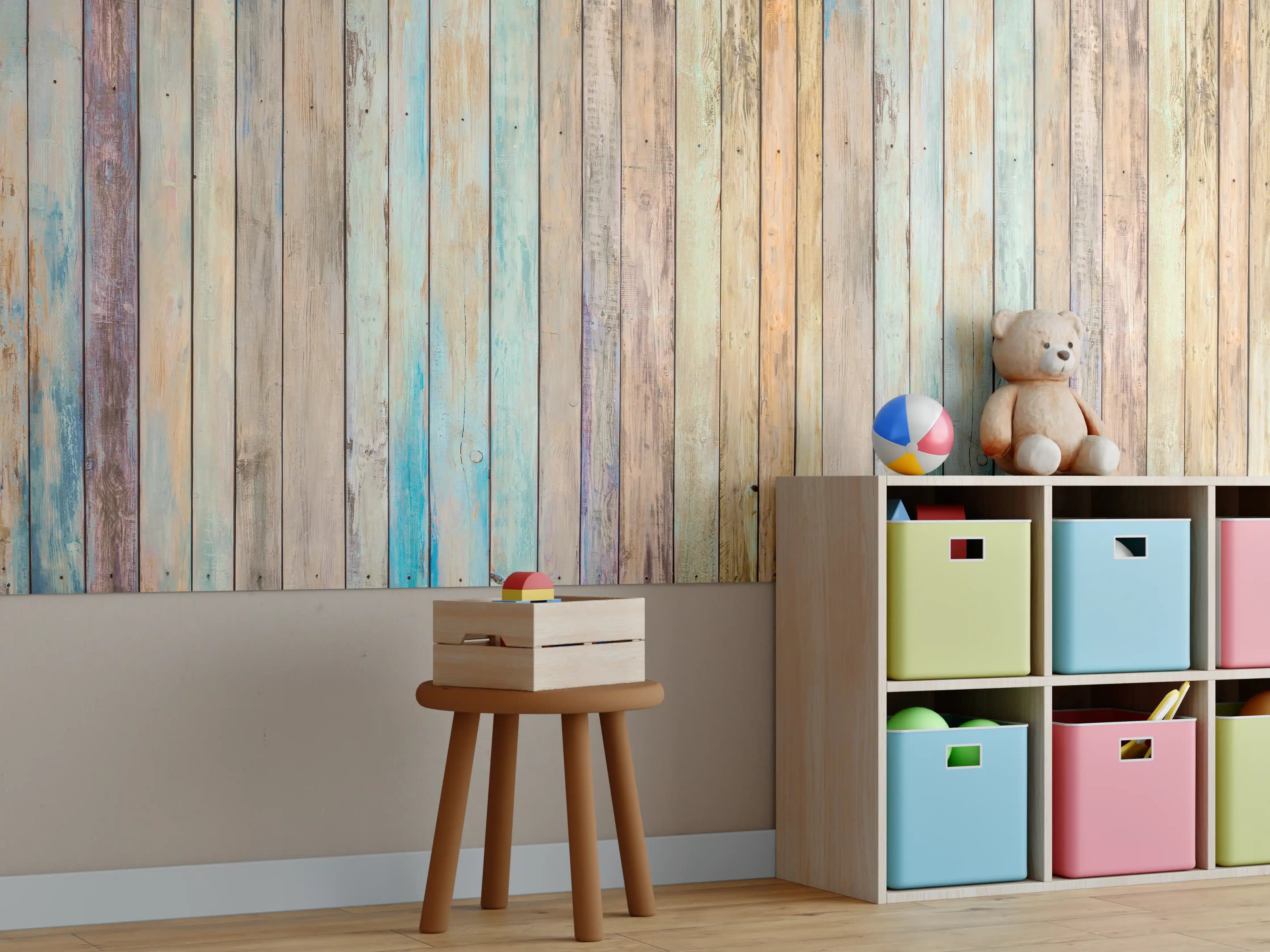 Kinderzimmer Wandgestaltung - vielfarbiger Hintergrund - alte Holzplanken