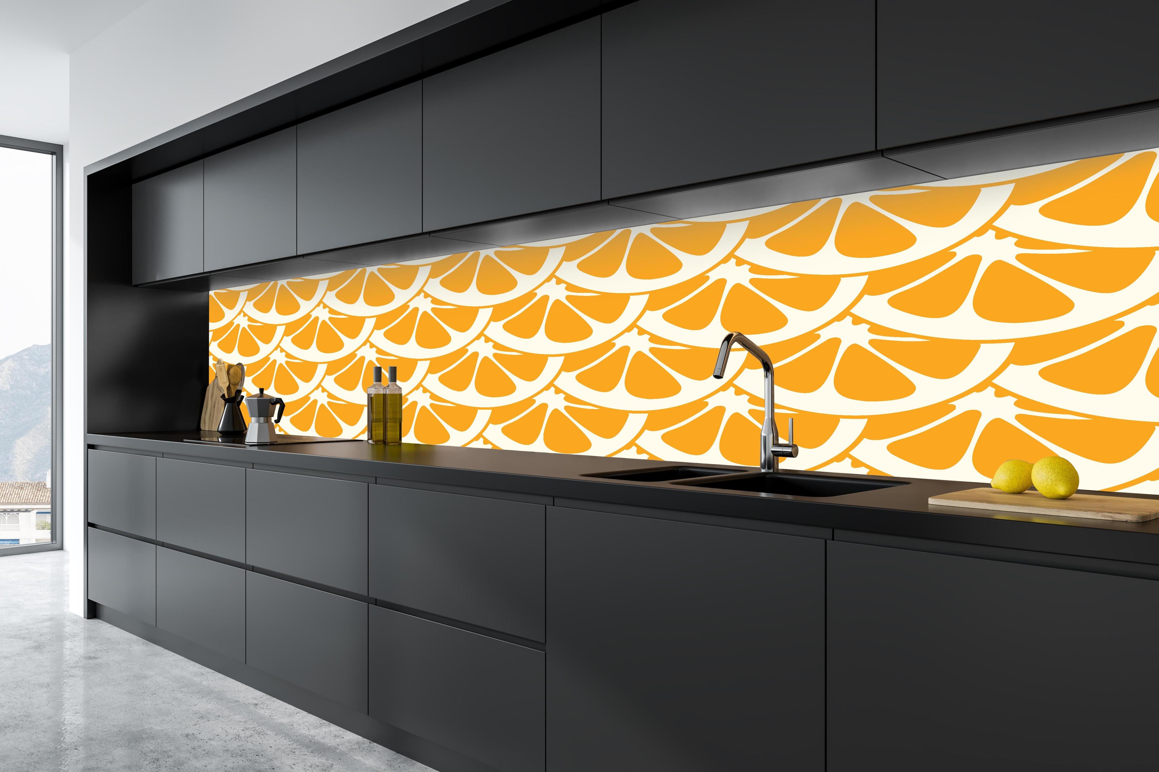 Küche - Orange Zitrus-Küchenrückwand in tiefschwarzer matt-premium Einbauküche