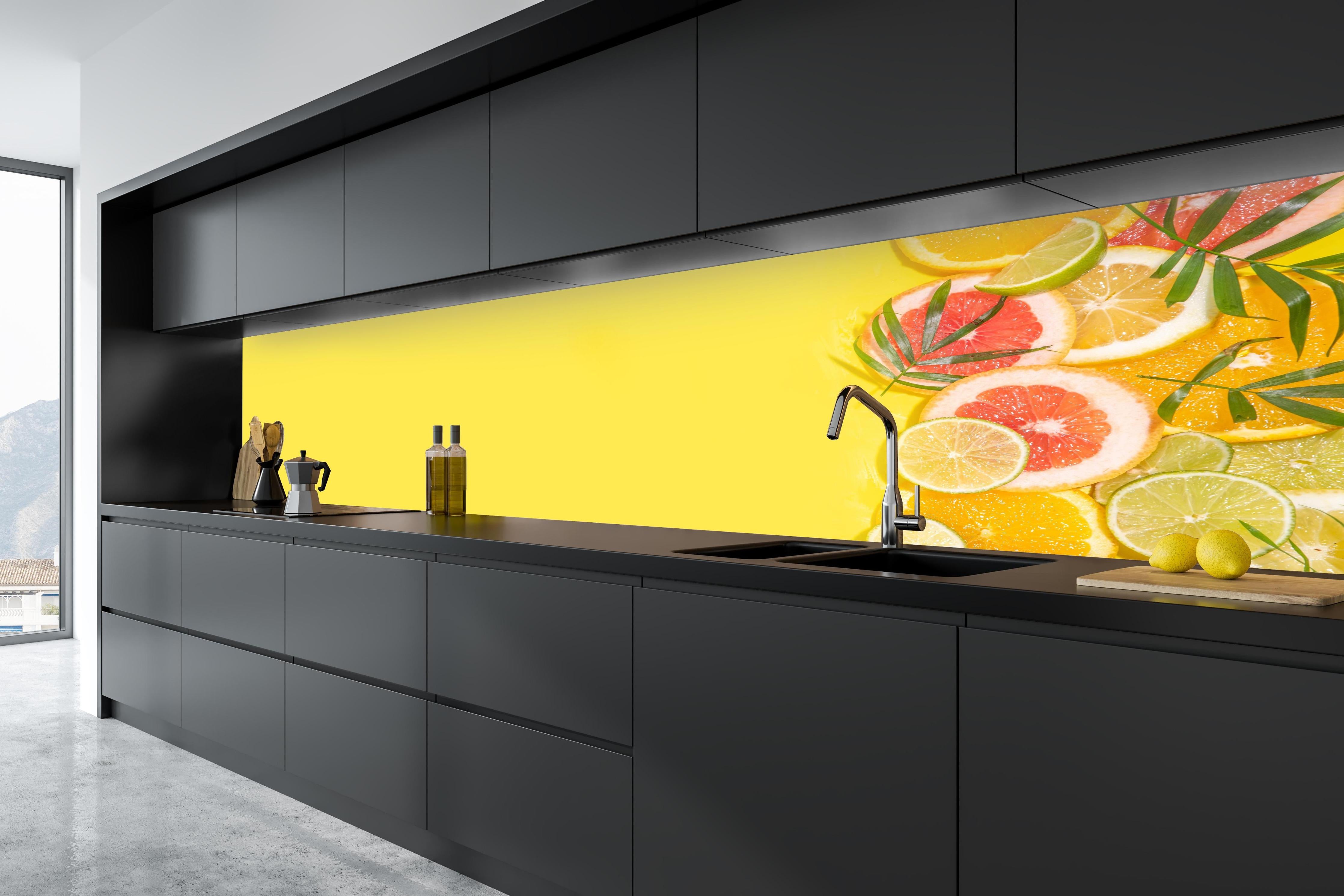 Küche - Zitrus-Küchenrückwand Gelb in tiefschwarzer matt-premium Einbauküche