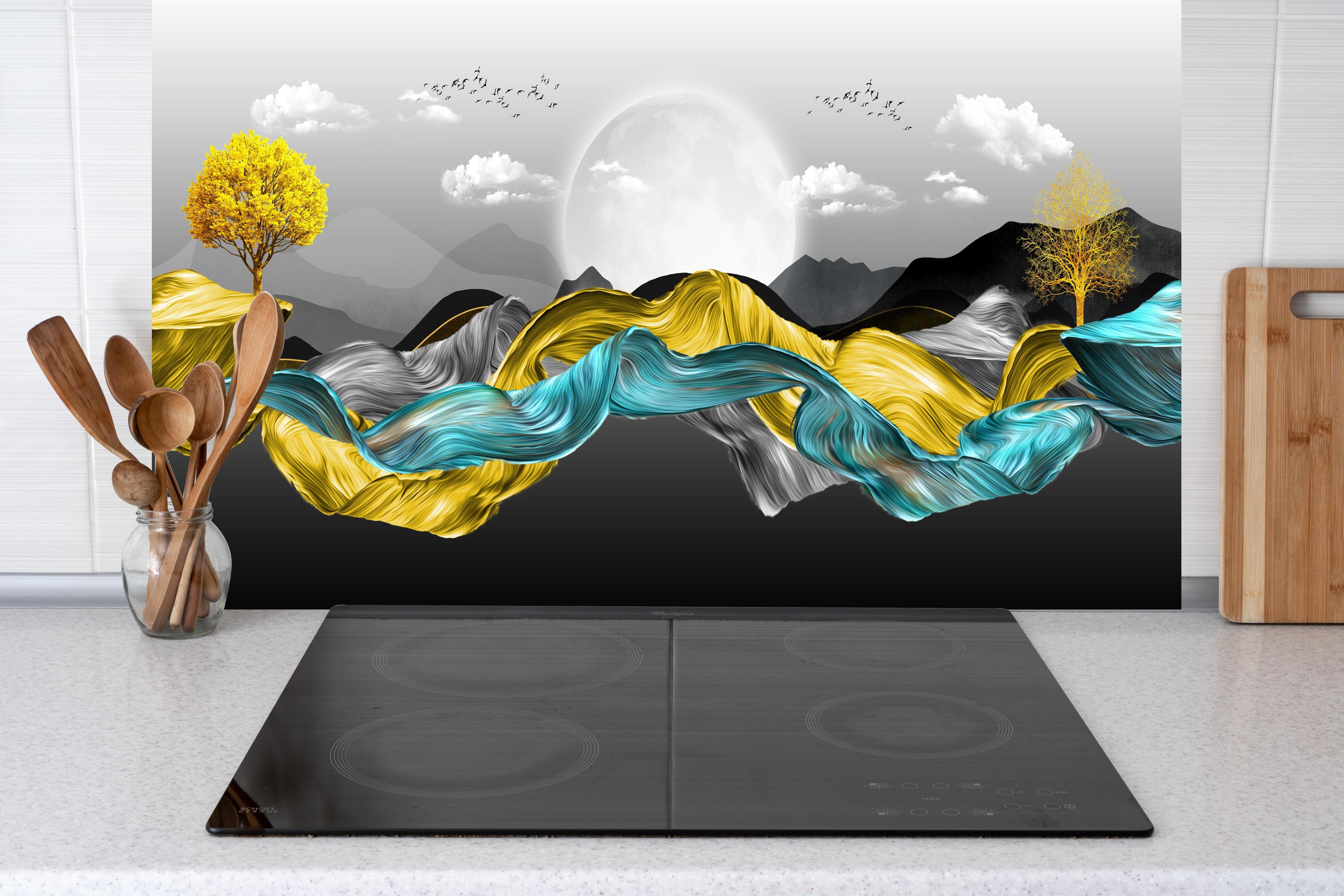 Küche - 3D Moderne Leinwand - Abstrakt hinter weißen Hochglanz-Küchenregalen und schwarzem Wasserhahn