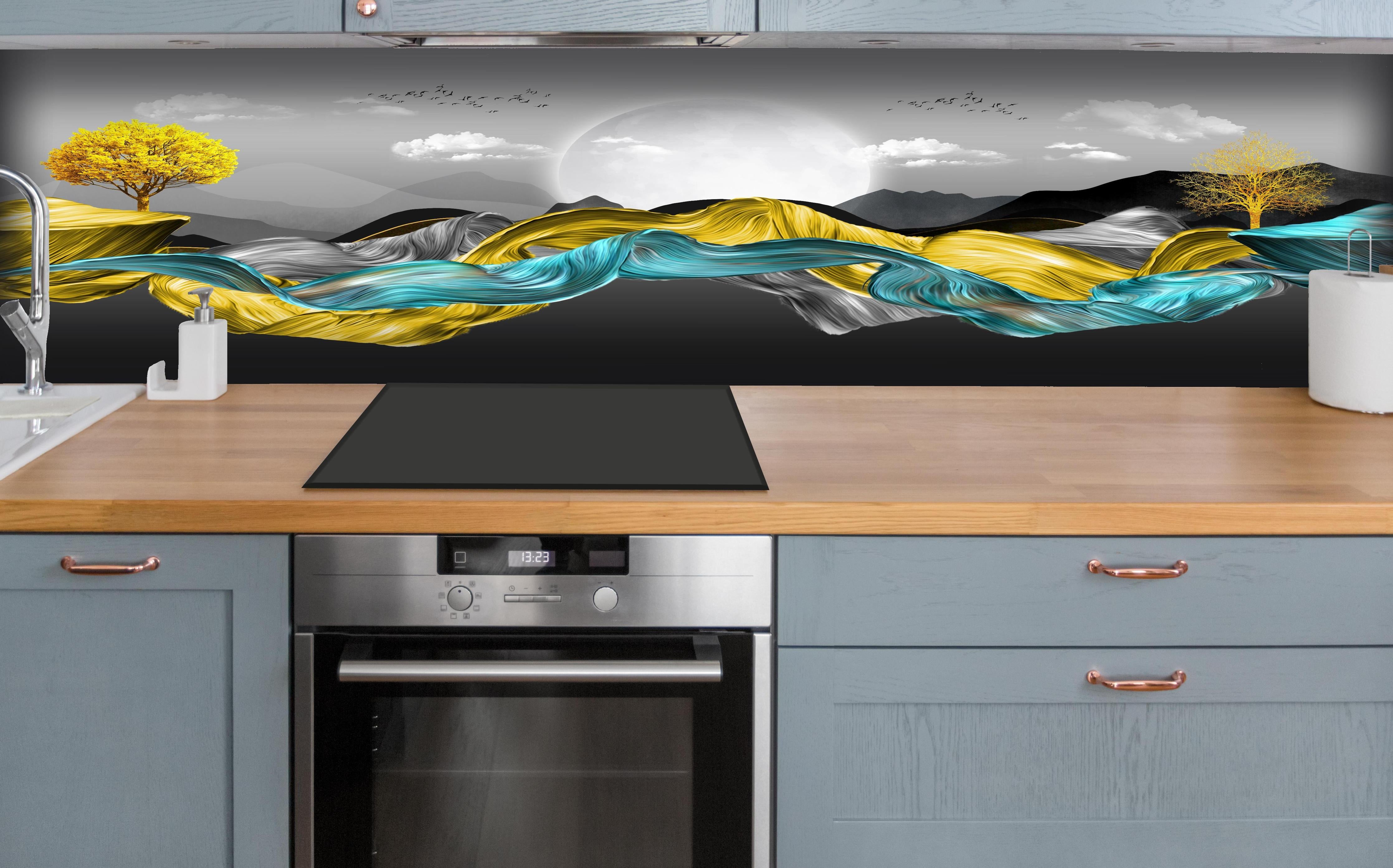 Küche - 3D Moderne Leinwand - Abstrakt hinter weißen Hochglanz-Küchenregalen und schwarzem Wasserhahn