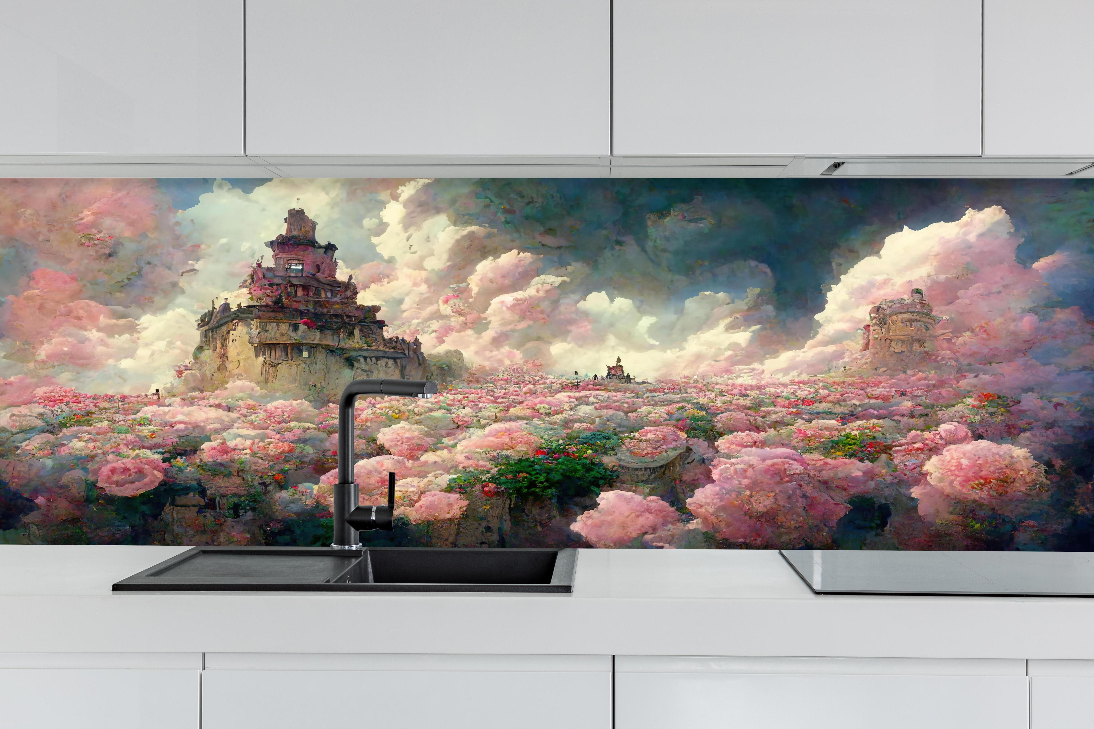 Küche - Abenteuerlicher Tempel bei sonnenuntergang hinter weißen Hochglanz-Küchenregalen und schwarzem Wasserhahn