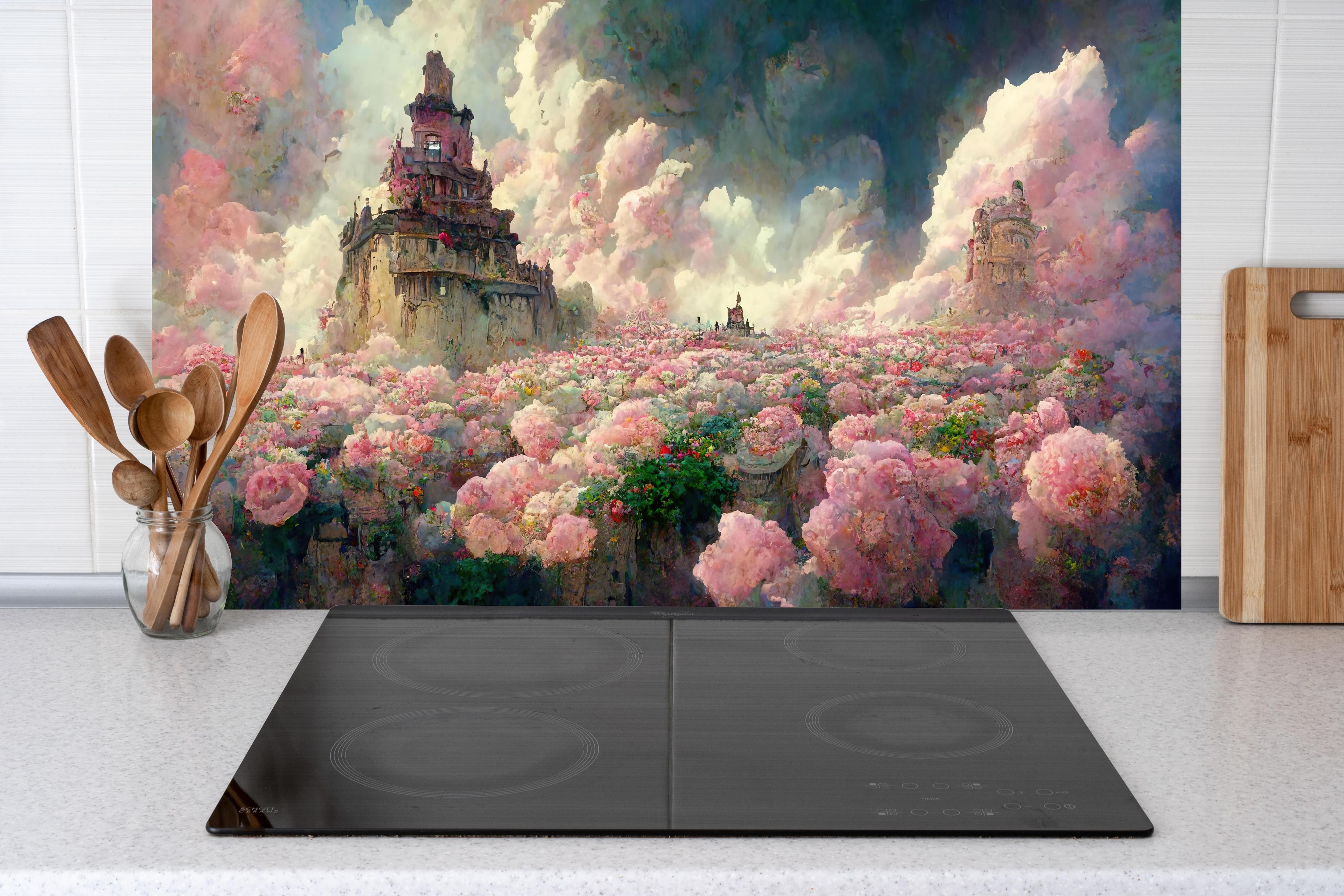 Küche - Abenteuerlicher Tempel bei sonnenuntergang hinter weißen Hochglanz-Küchenregalen und schwarzem Wasserhahn