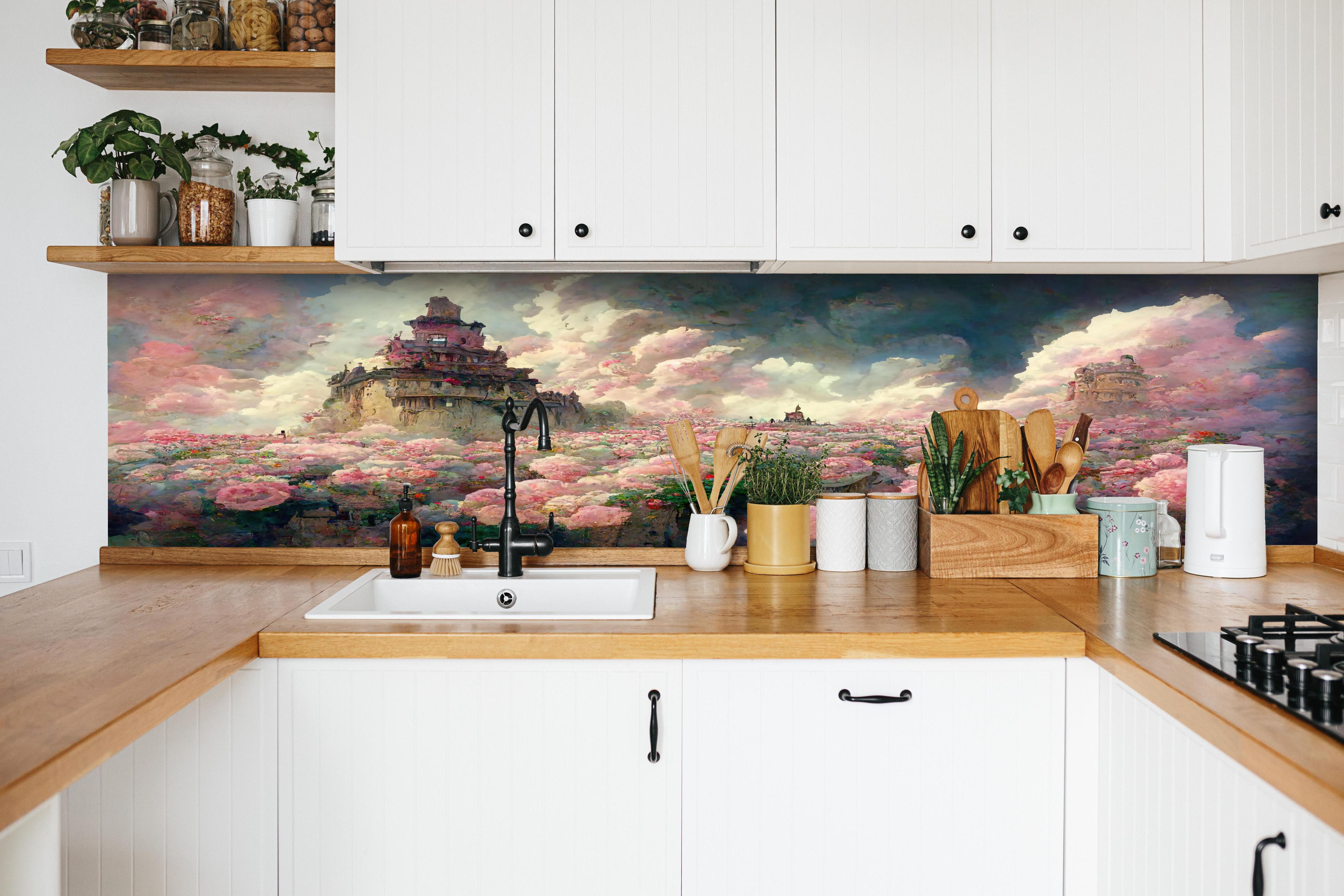 Küche - Abenteuerlicher Tempel bei sonnenuntergang hinter weißen Hochglanz-Küchenregalen und schwarzem Wasserhahn