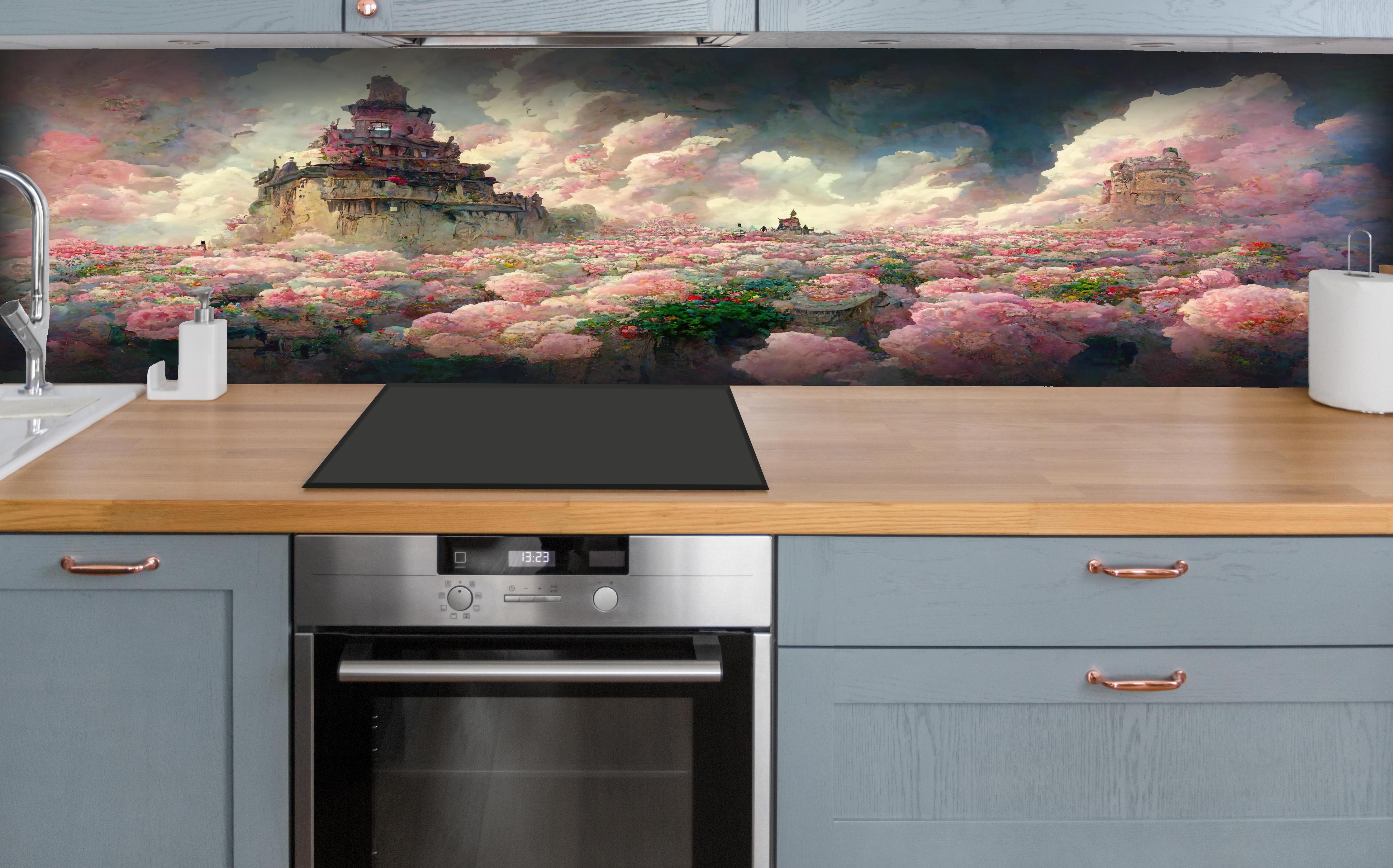 Küche - Abenteuerlicher Tempel bei sonnenuntergang hinter weißen Hochglanz-Küchenregalen und schwarzem Wasserhahn