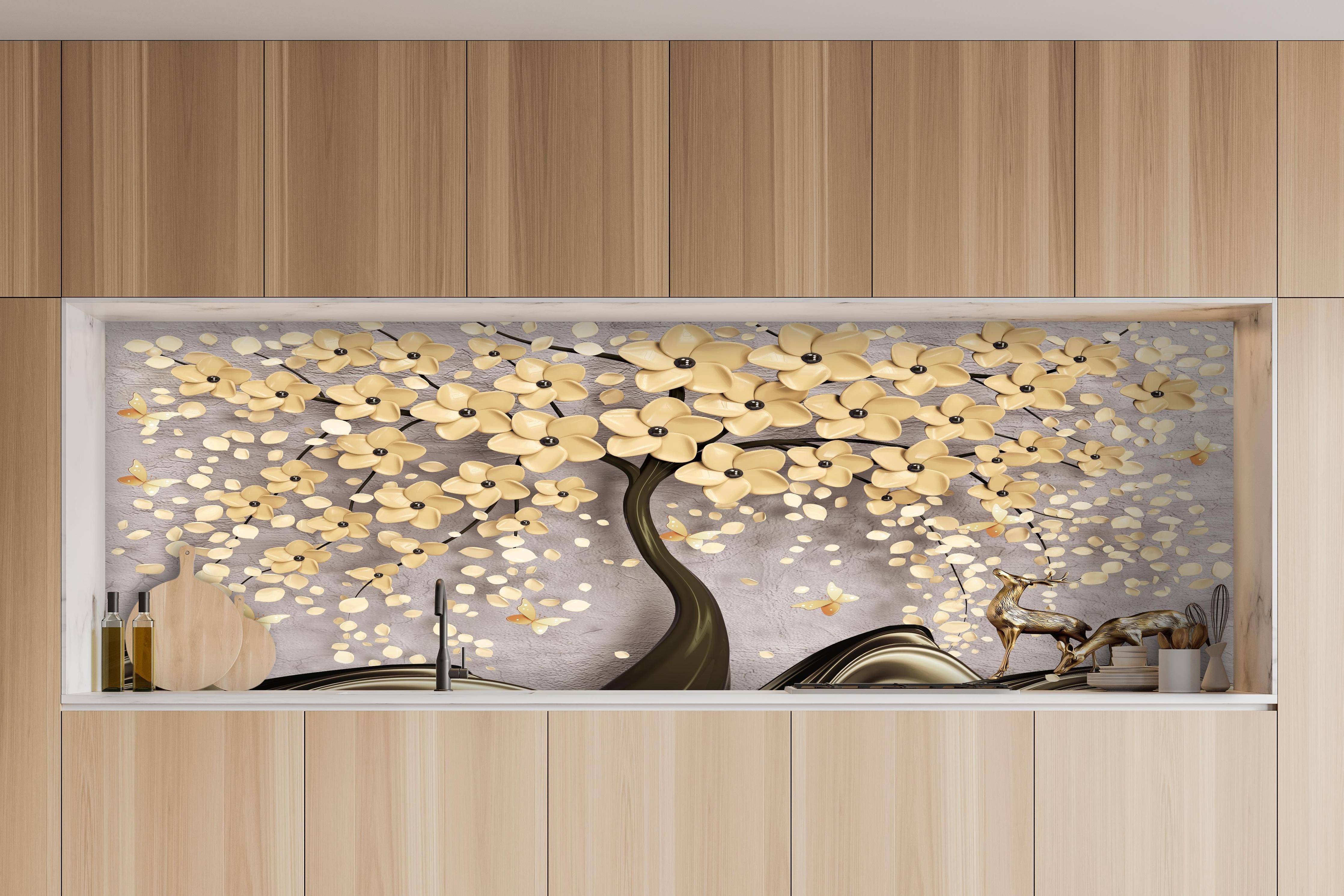 Küche - Abstrakte Baum Struktur hinter weißen Hochglanz-Küchenregalen und schwarzem Wasserhahn