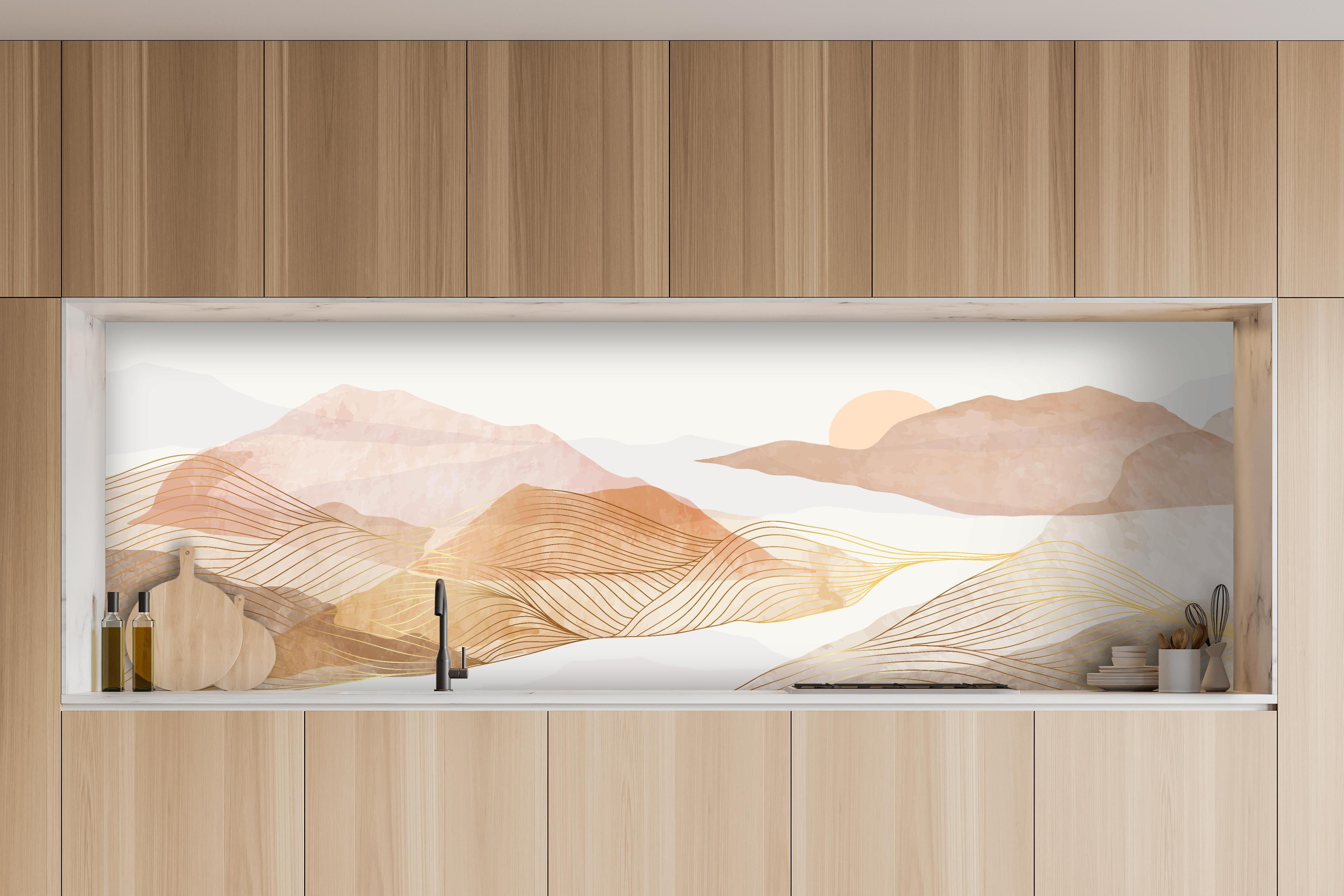 Küche - Abstrakte Hügel Pastellfarben Wandkunst hinter weißen Hochglanz-Küchenregalen und schwarzem Wasserhahn