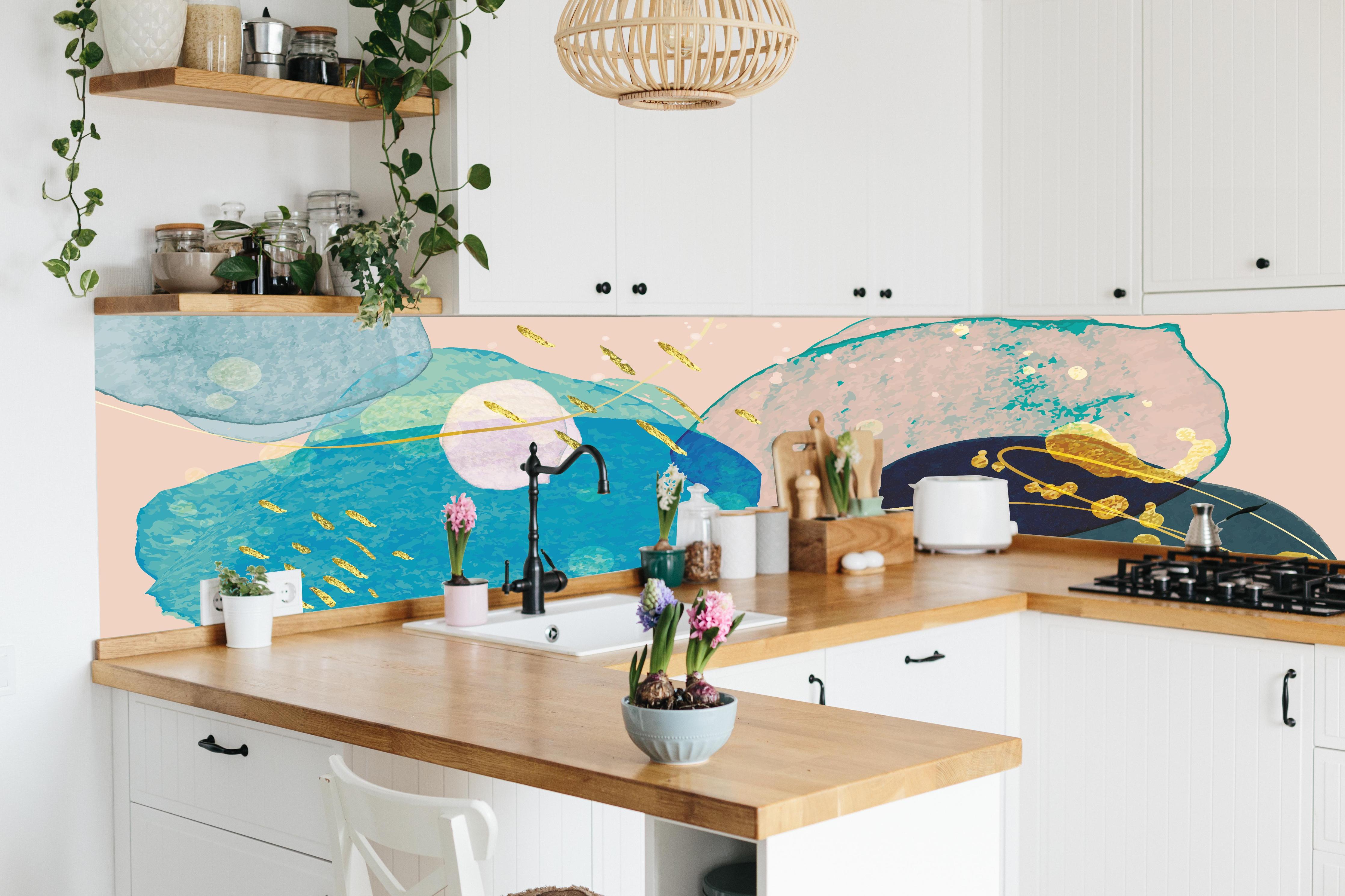 Küche - Abstrakte Illustration in Pastellfarbtönen hinter weißen Hochglanz-Küchenregalen und schwarzem Wasserhahn