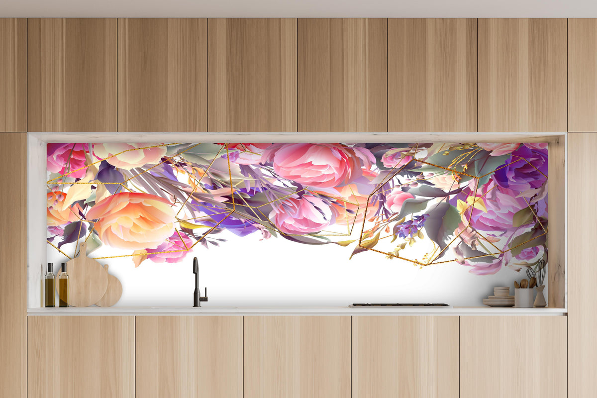 Küche - Abstrakte Kunst mit bunten Blumen und Geometrie hinter weißen Hochglanz-Küchenregalen und schwarzem Wasserhahn