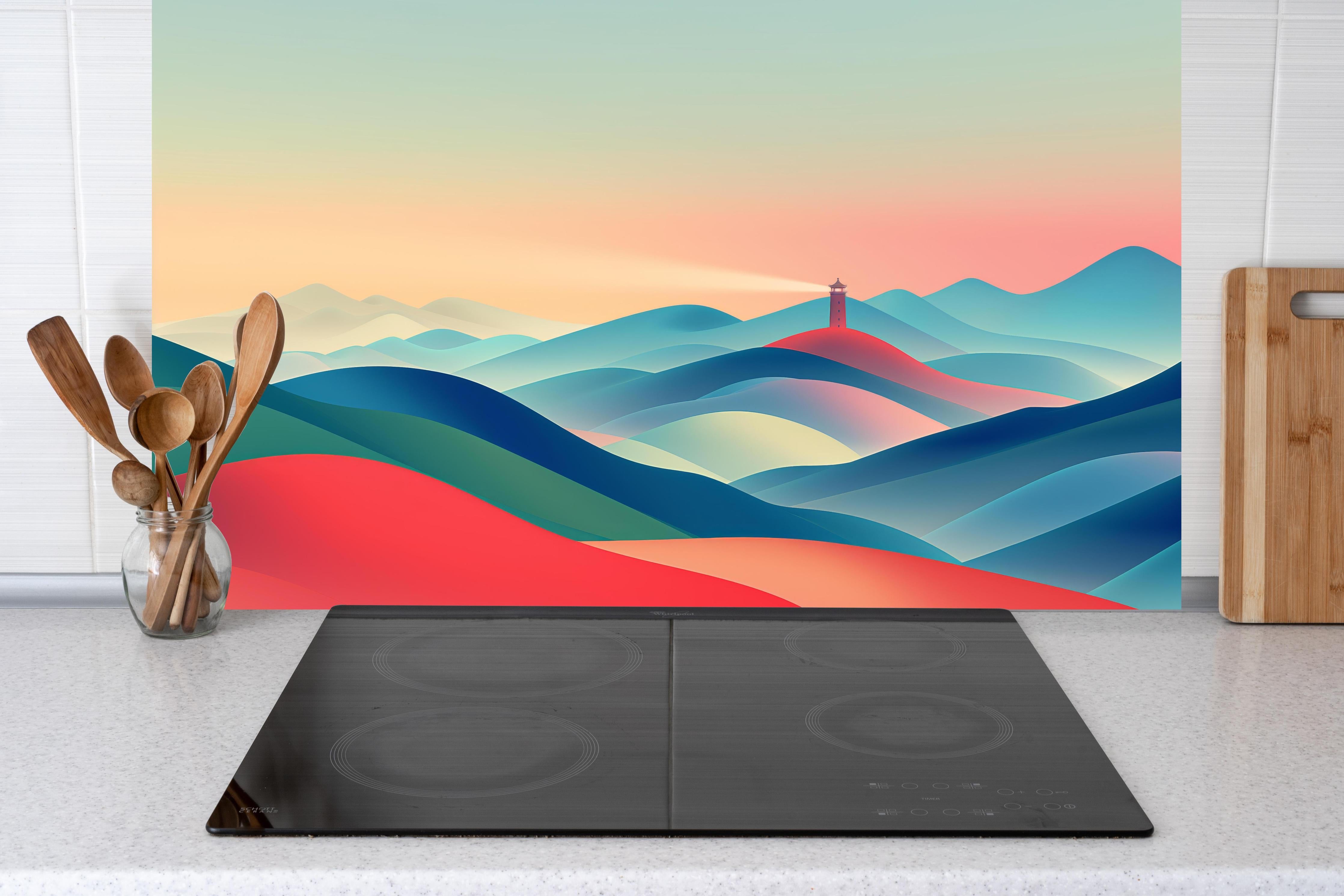 Küche - Abstrakte Landschaft mit sanften Farbverläufen und Leuchtturm im Mittelpunkt hinter weißen Hochglanz-Küchenregalen und schwarzem Wasserhahn