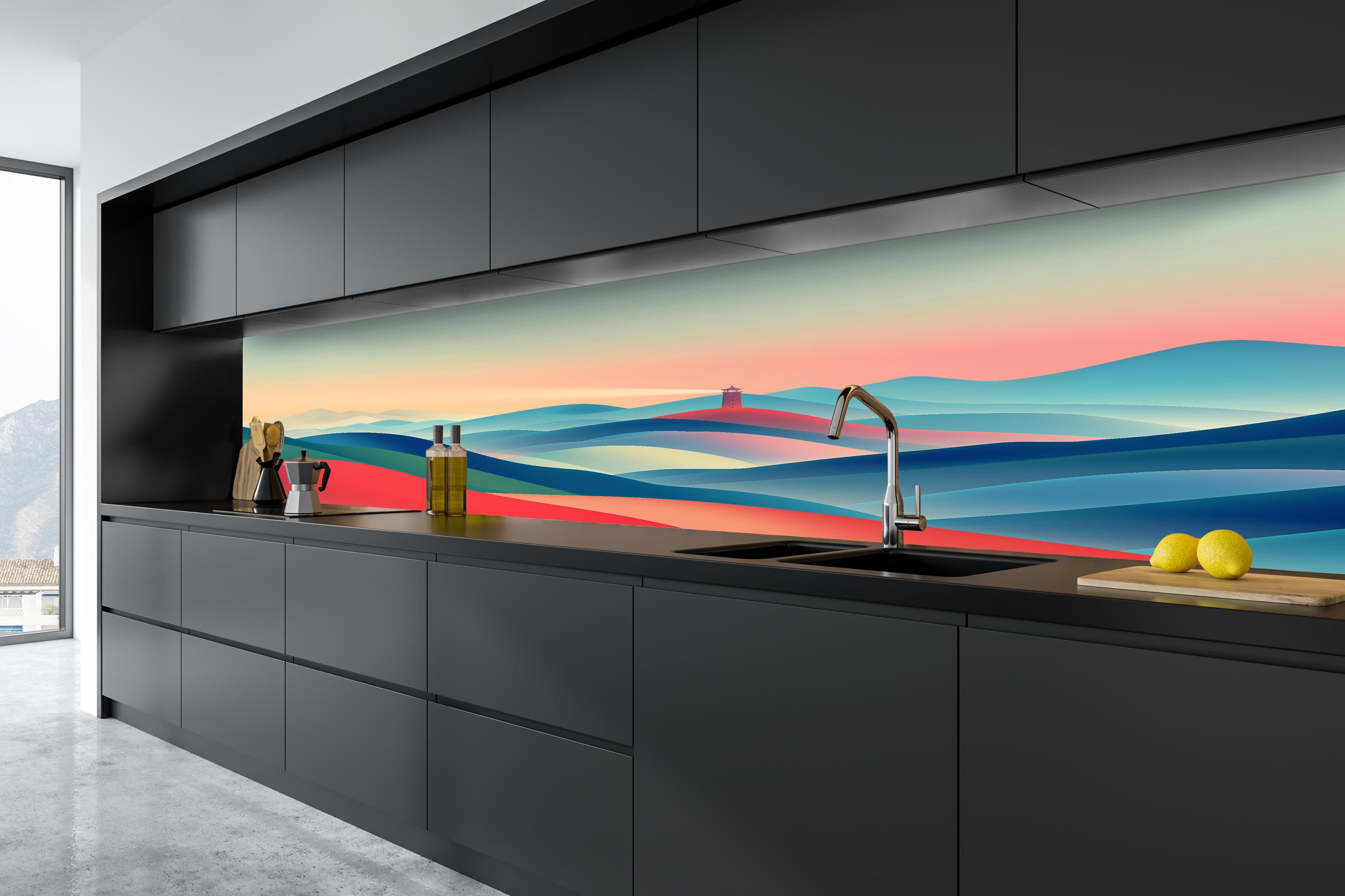 Küche - Abstrakte Landschaft mit sanften Farbverläufen und Leuchtturm im Mittelpunkt hinter weißen Hochglanz-Küchenregalen und schwarzem Wasserhahn