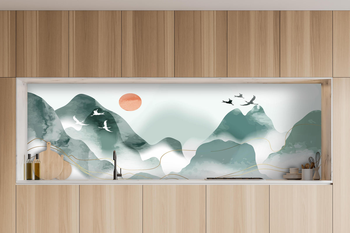 Küche - Abstrakte Pastell Berglandschaft mit Sonne hinter weißen Hochglanz-Küchenregalen und schwarzem Wasserhahn