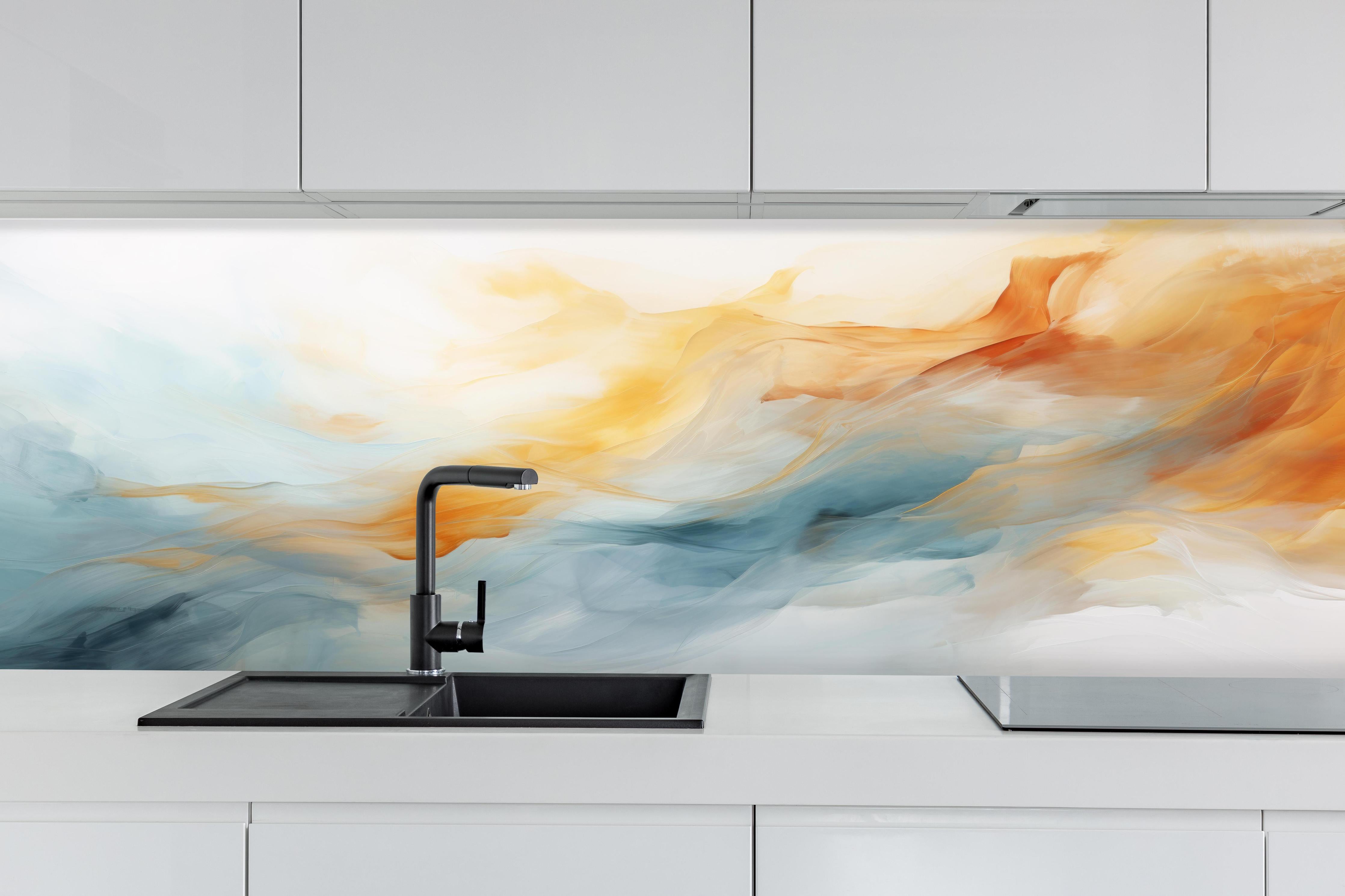 Küche - Abstrakte Wellen in warmen und kühlen Tönen hinter weißen Hochglanz-Küchenregalen und schwarzem Wasserhahn