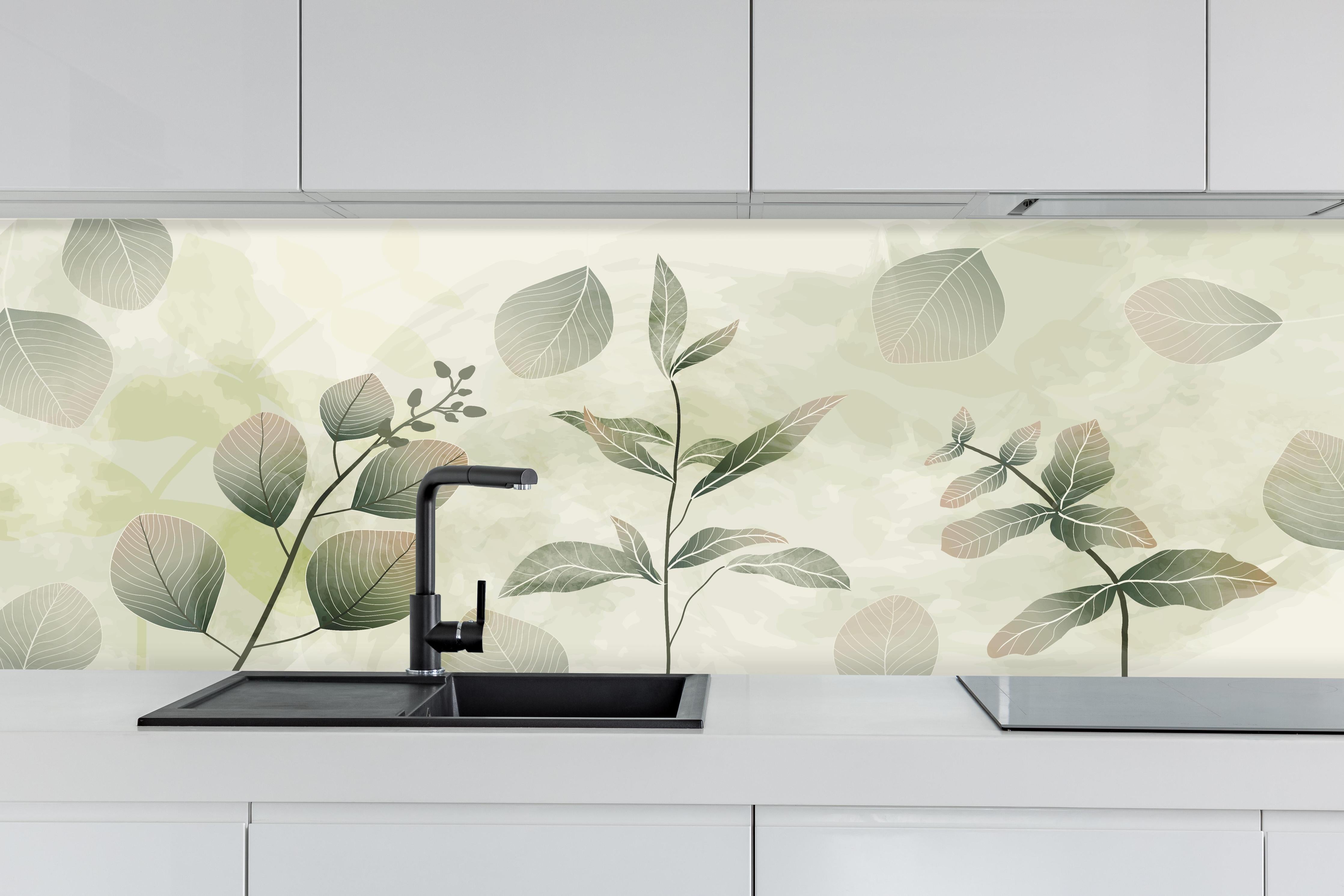 Küche - Abstraktes Grünpflanzen-Muster Design hinter weißen Hochglanz-Küchenregalen und schwarzem Wasserhahn