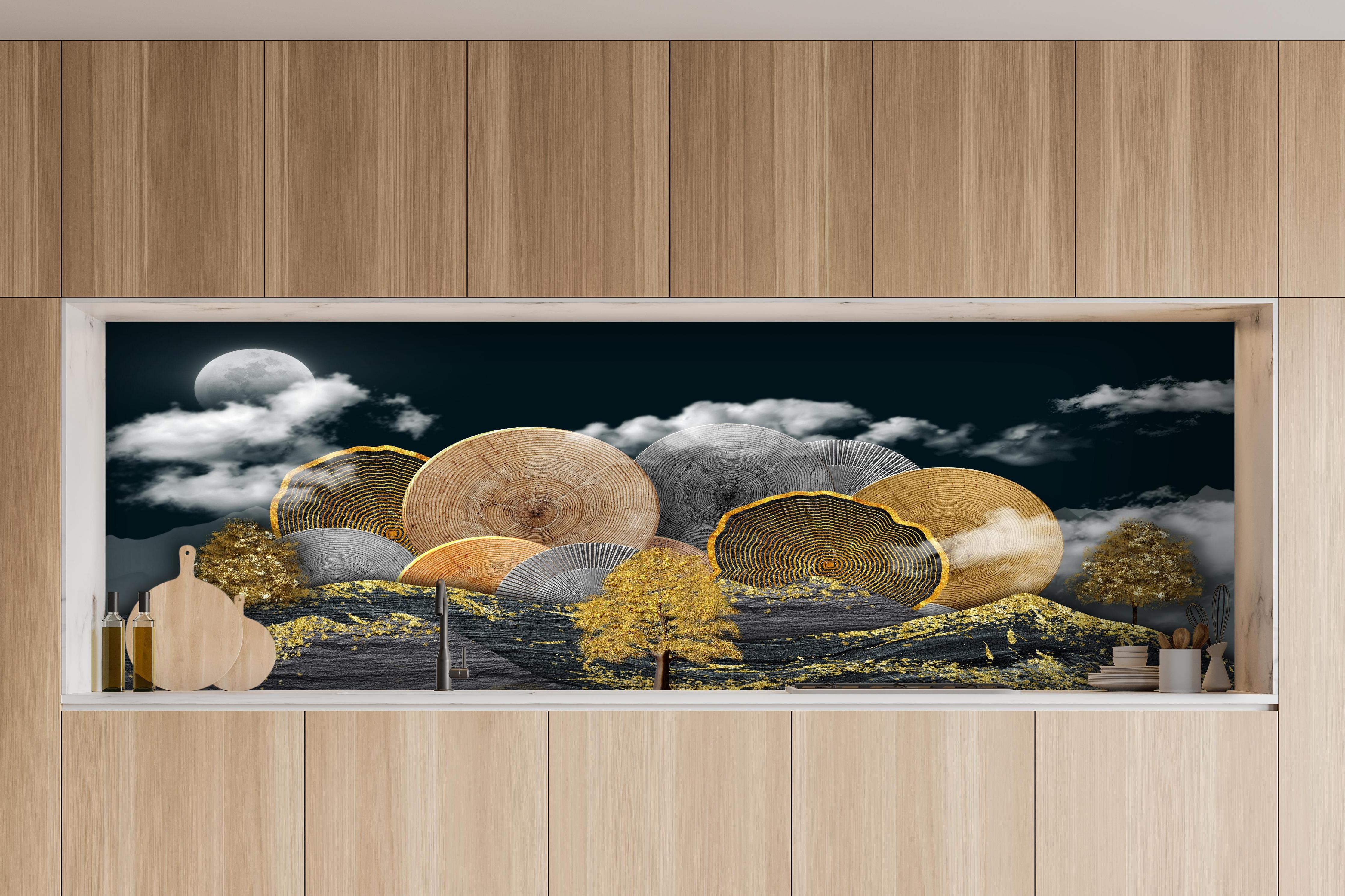 Küche - Abstraktes Landschaftsmuster - Nächtlich hinter weißen Hochglanz-Küchenregalen und schwarzem Wasserhahn