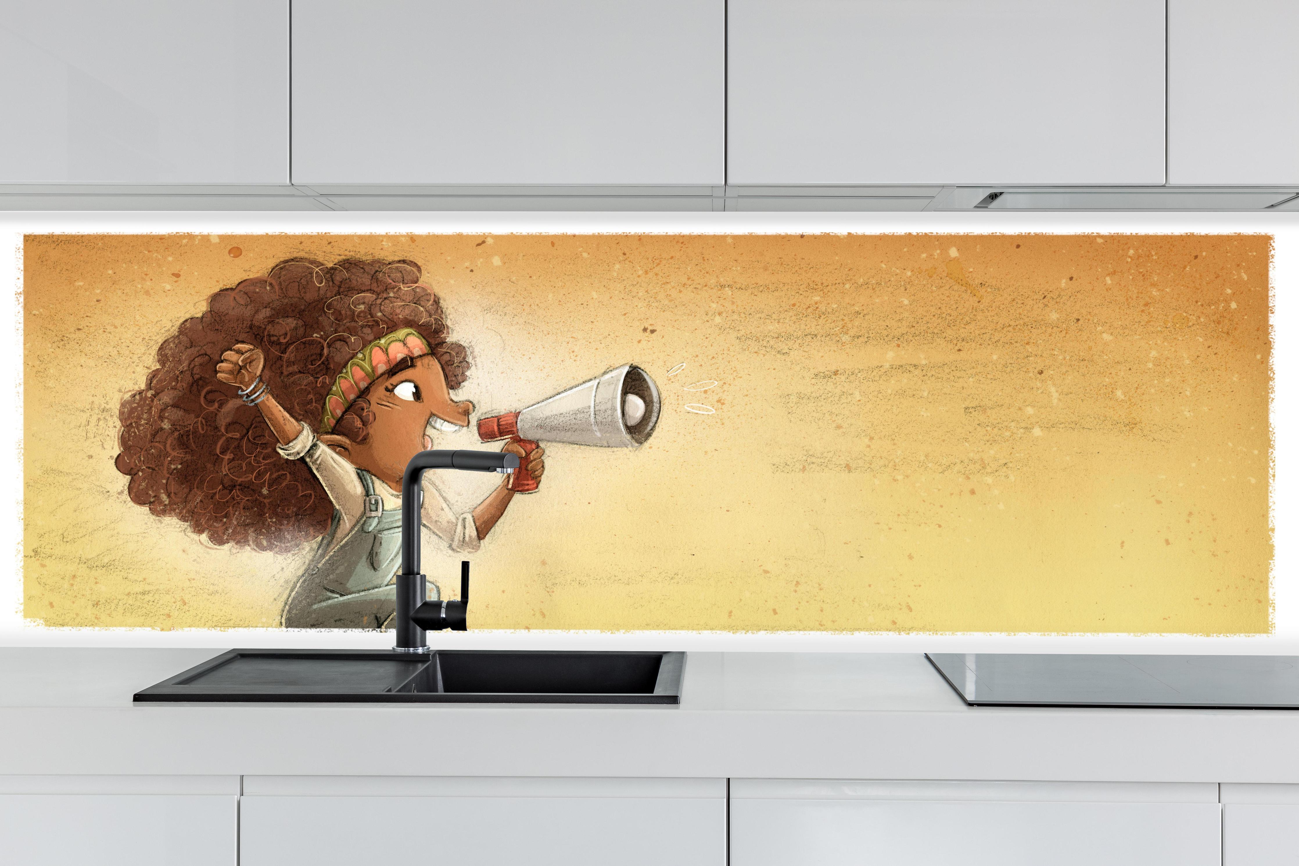 Küche - Afroamerikanisches Mädchen mit einem Megaphon hinter weißen Hochglanz-Küchenregalen und schwarzem Wasserhahn