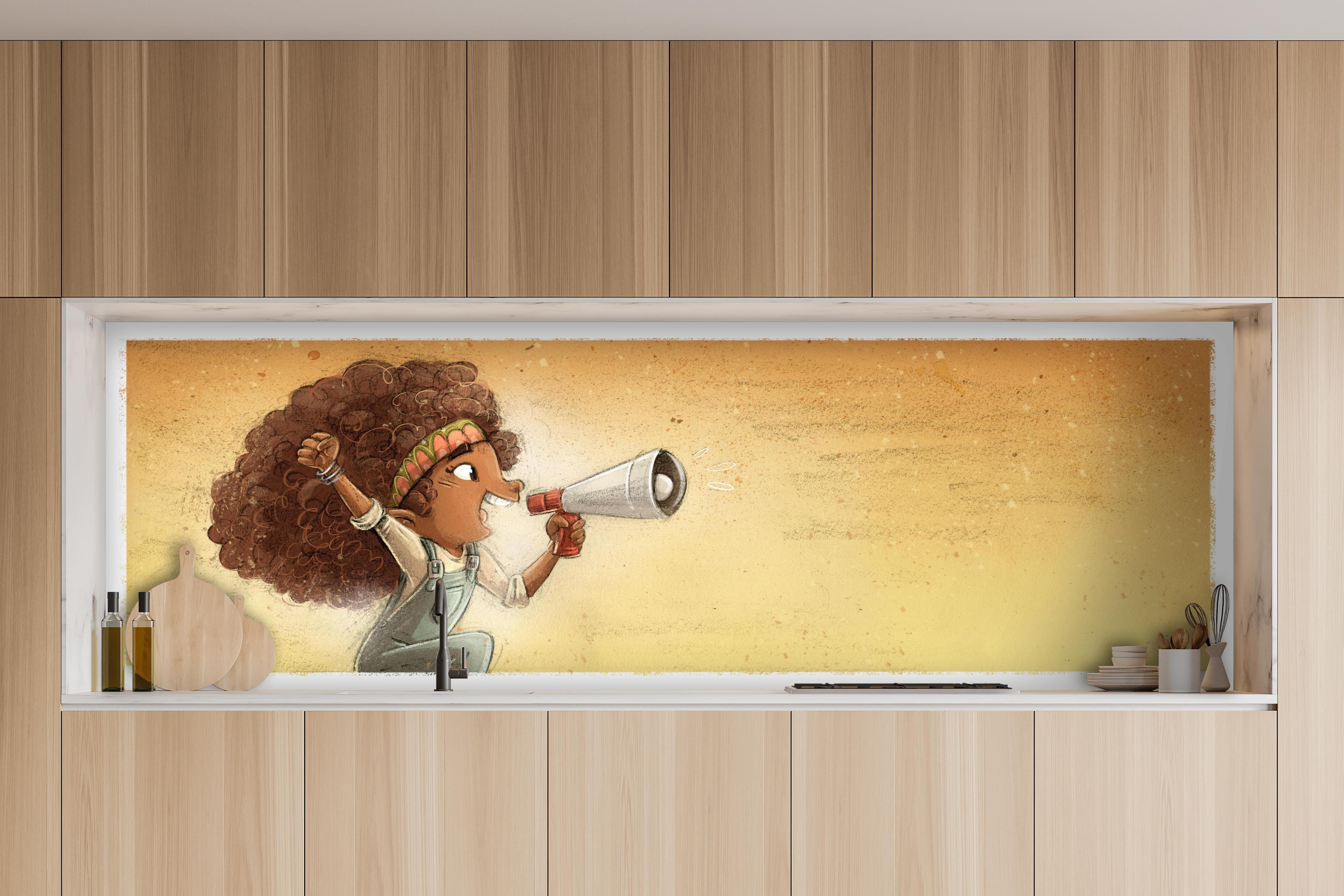 Küche - Afroamerikanisches Mädchen mit einem Megaphon hinter weißen Hochglanz-Küchenregalen und schwarzem Wasserhahn