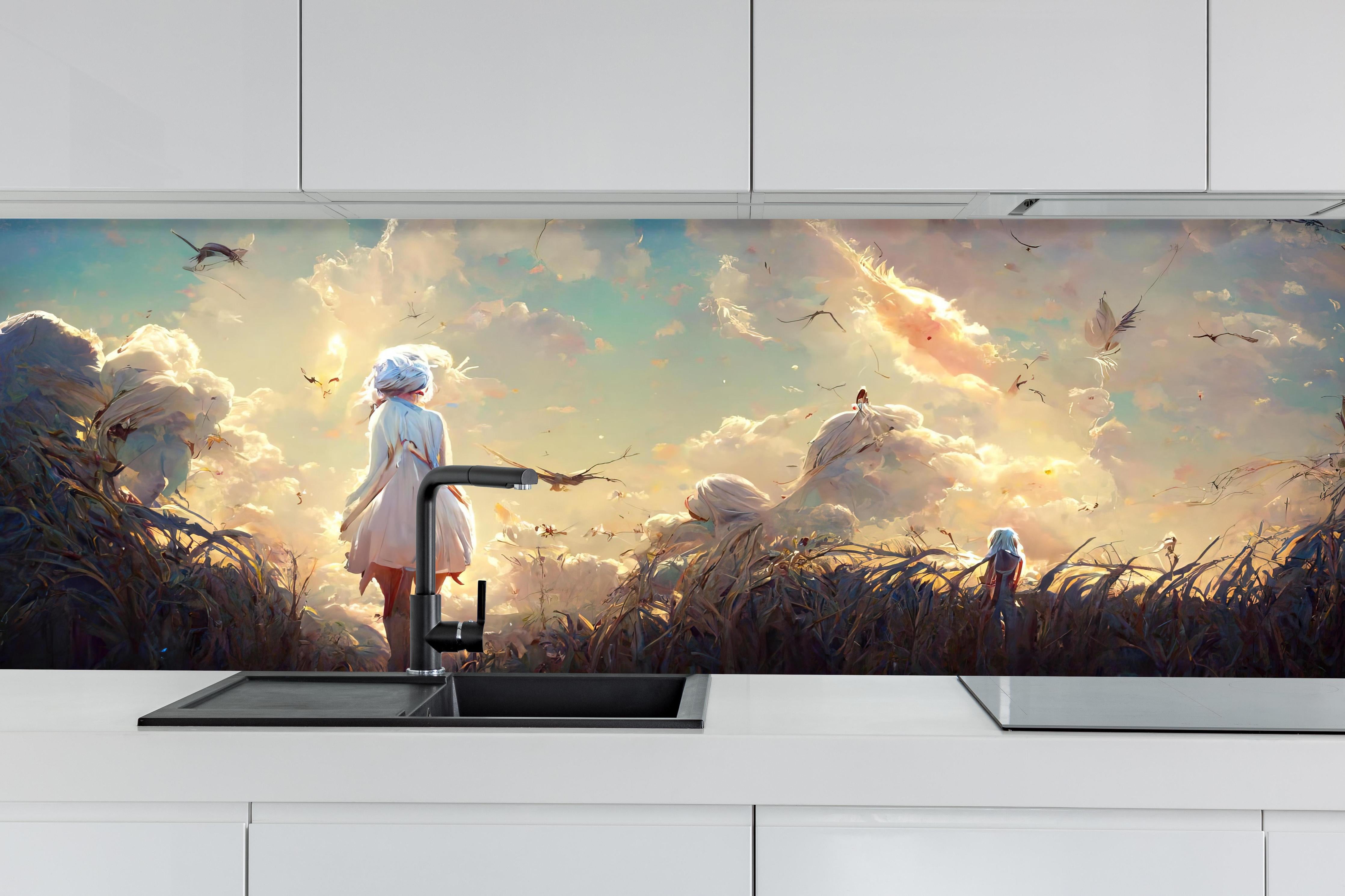 Küche - Animierte Figuren bei Sonnenuntergang hinter weißen Hochglanz-Küchenregalen und schwarzem Wasserhahn