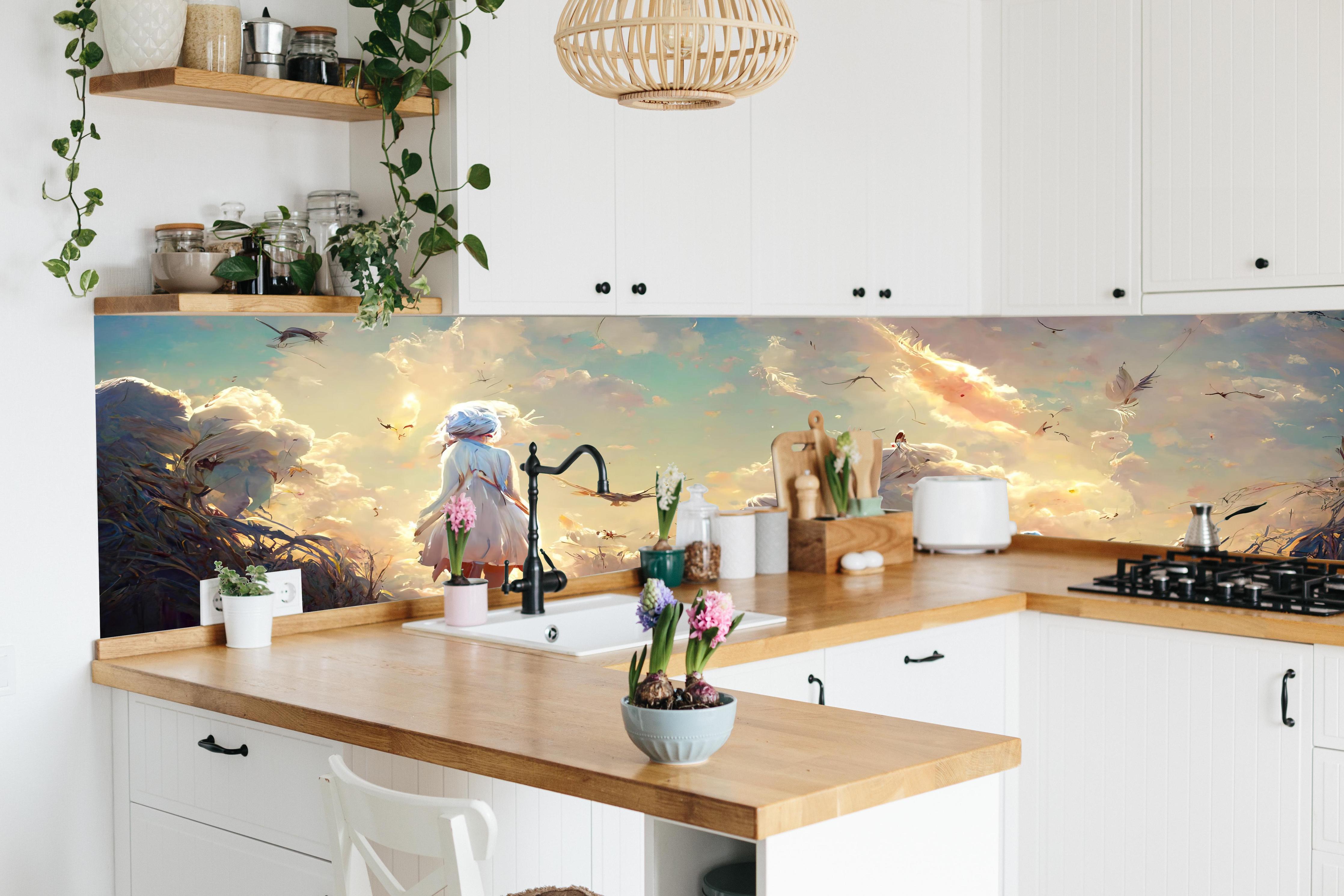 Küche - Animierte Figuren bei Sonnenuntergang hinter weißen Hochglanz-Küchenregalen und schwarzem Wasserhahn