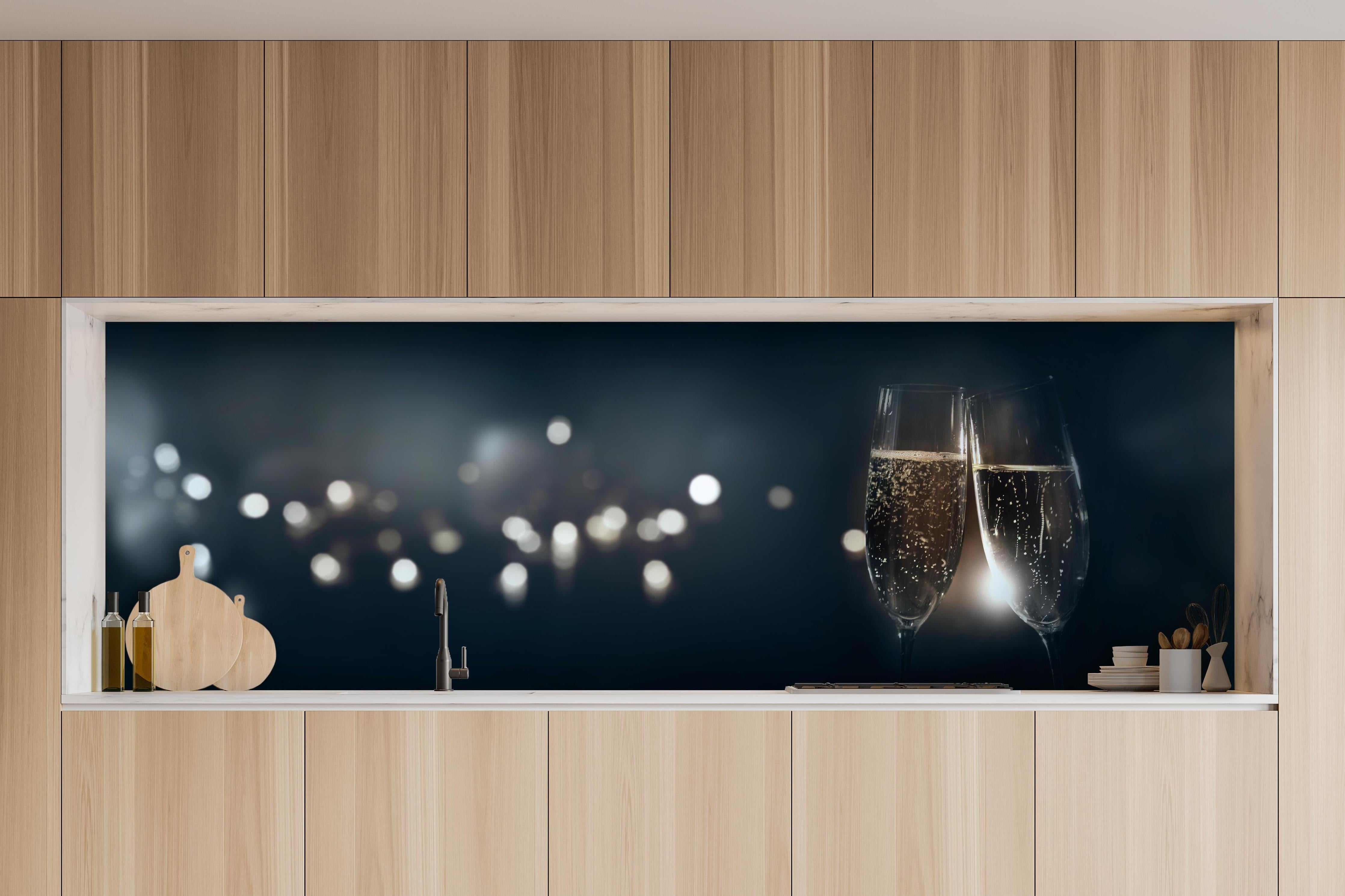 Küche - Anstoßen mit funkelndem Champagner hinter weißen Hochglanz-Küchenregalen und schwarzem Wasserhahn