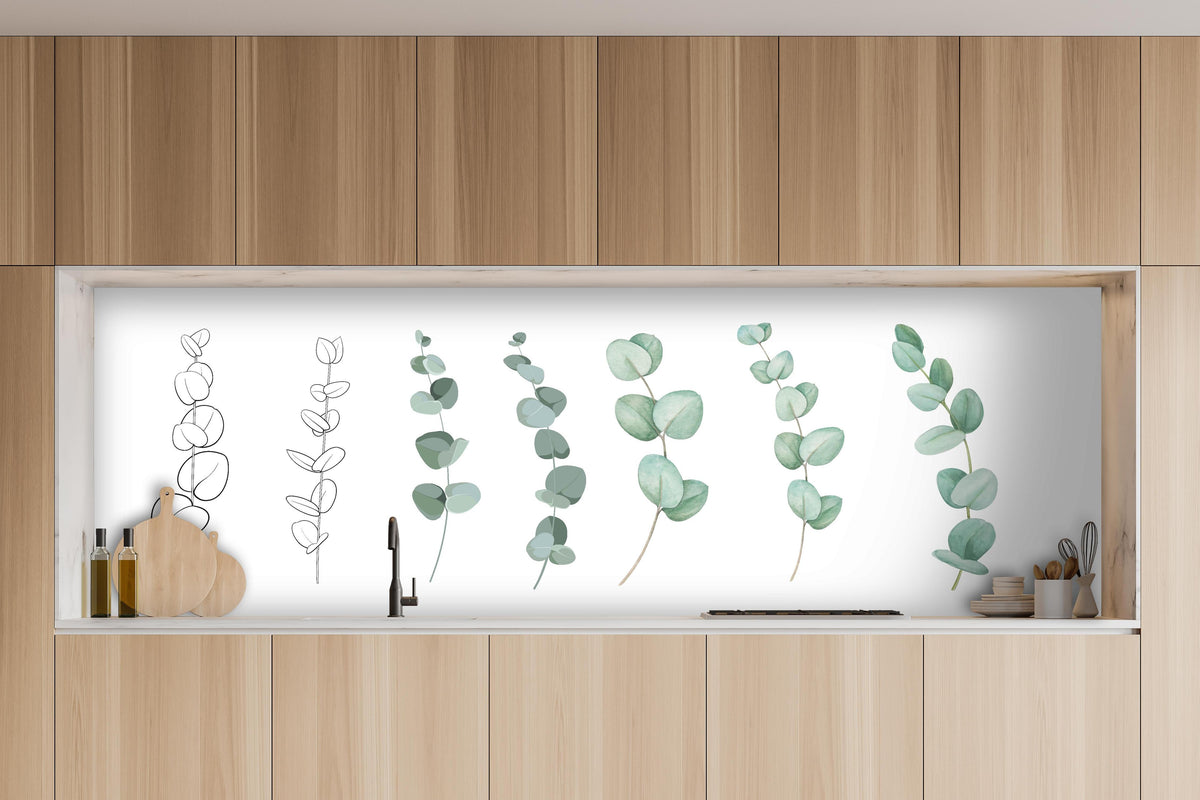 Küche - Aquarell Eukalyptus Blätter sanfte Farben hinter weißen Hochglanz-Küchenregalen und schwarzem Wasserhahn