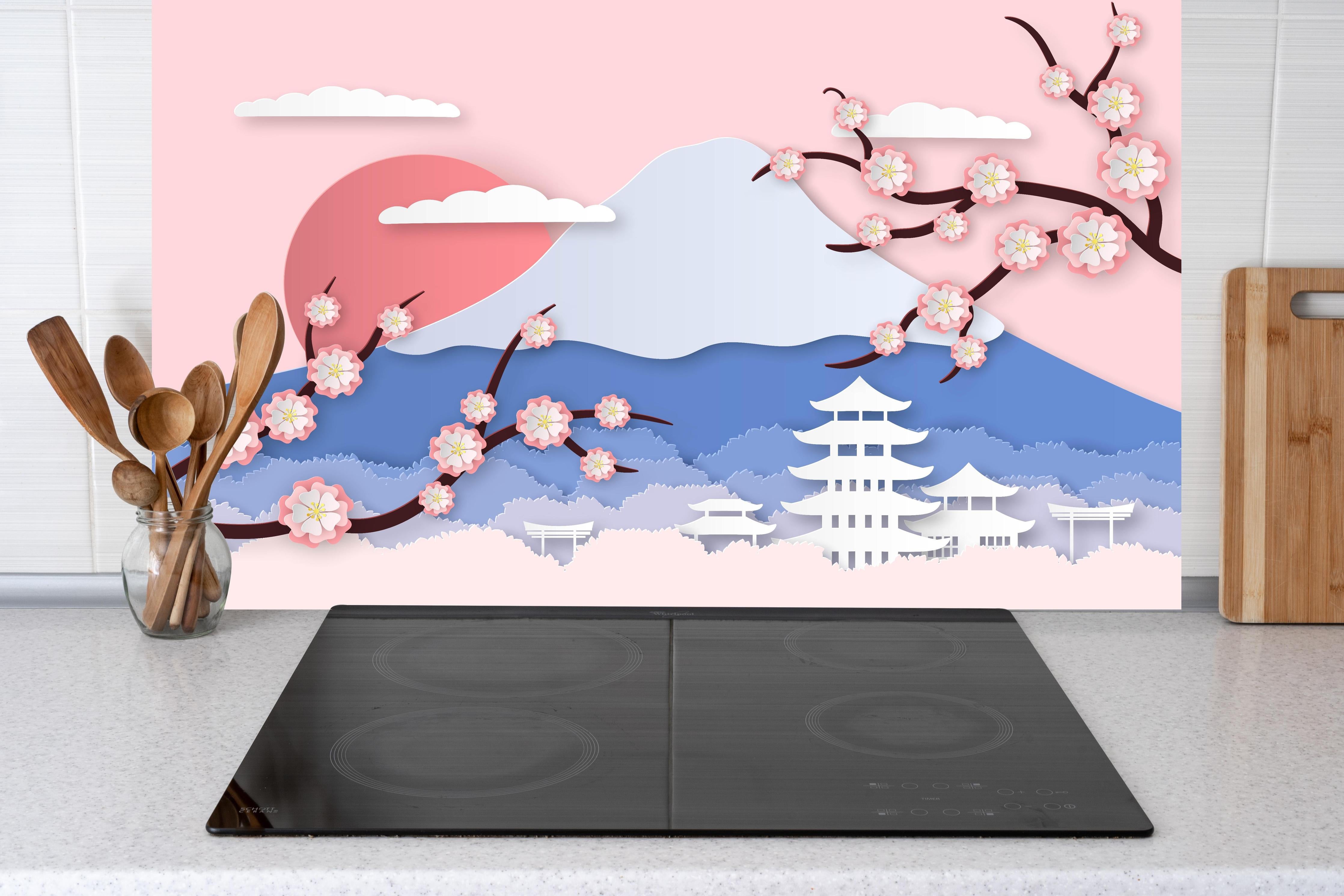 Küche - Asiatische Landschaft mit Kirschblüten Kunst hinter weißen Hochglanz-Küchenregalen und schwarzem Wasserhahn