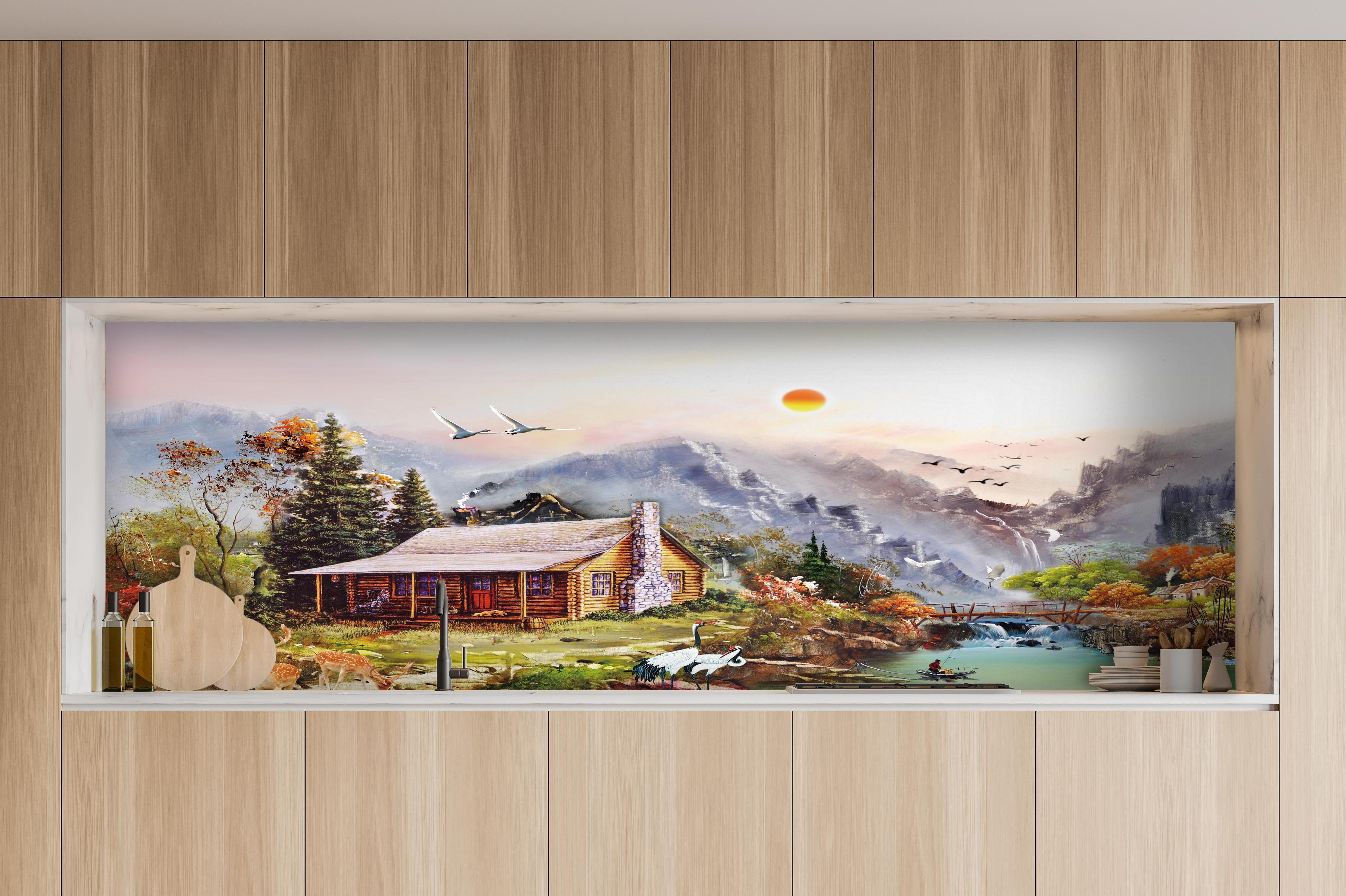 Küche - Aussicht auf eine einsame Hütte am Fluss hinter weißen Hochglanz-Küchenregalen und schwarzem Wasserhahn