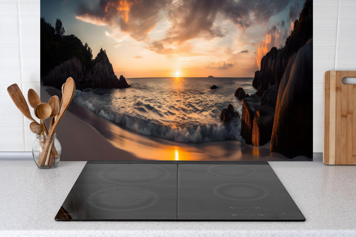 Küche - Beeindruckendes Sonnenuntergangs-Strandpanorama hinter weißen Hochglanz-Küchenregalen und schwarzem Wasserhahn