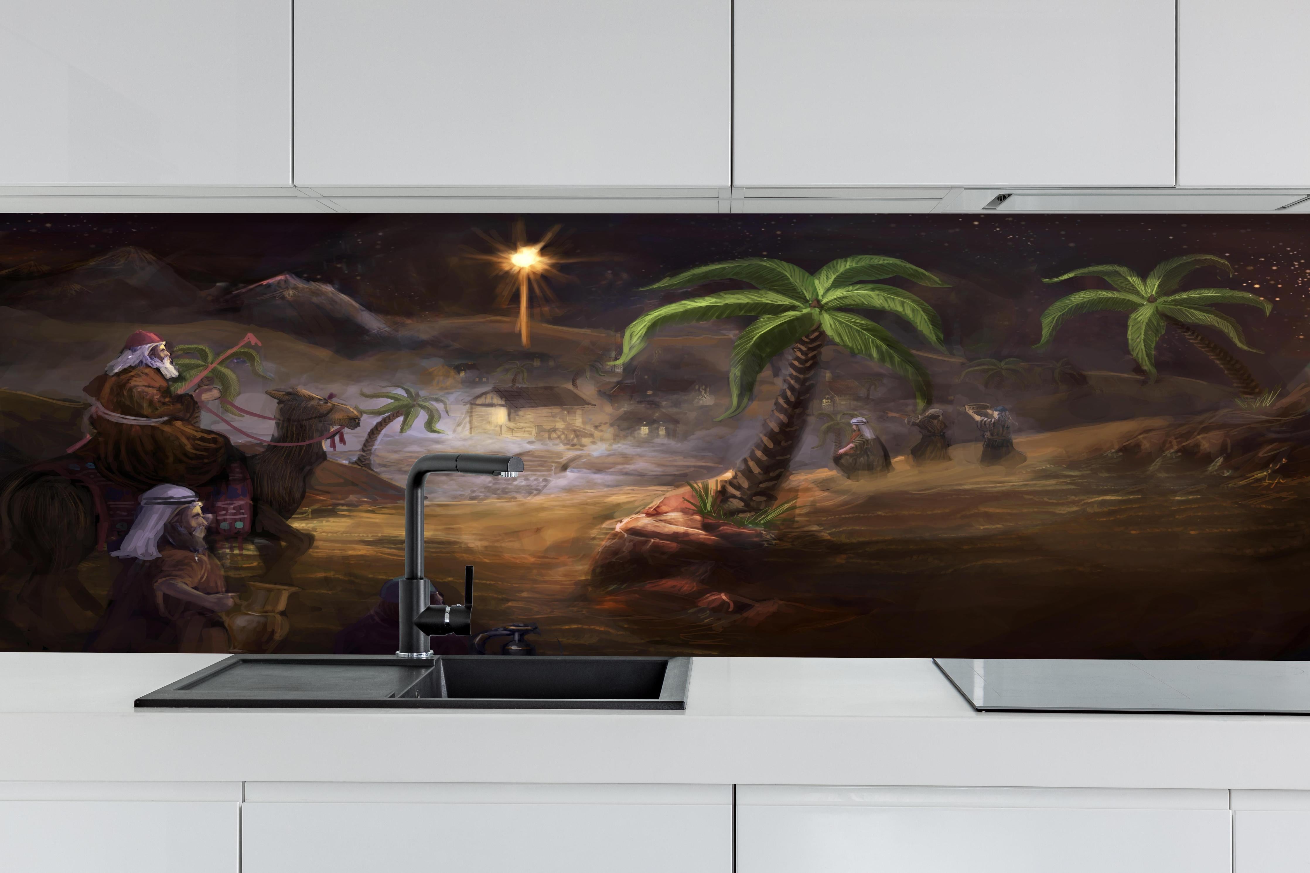 Küche - Biblisches Gemälde hinter weißen Hochglanz-Küchenregalen und schwarzem Wasserhahn