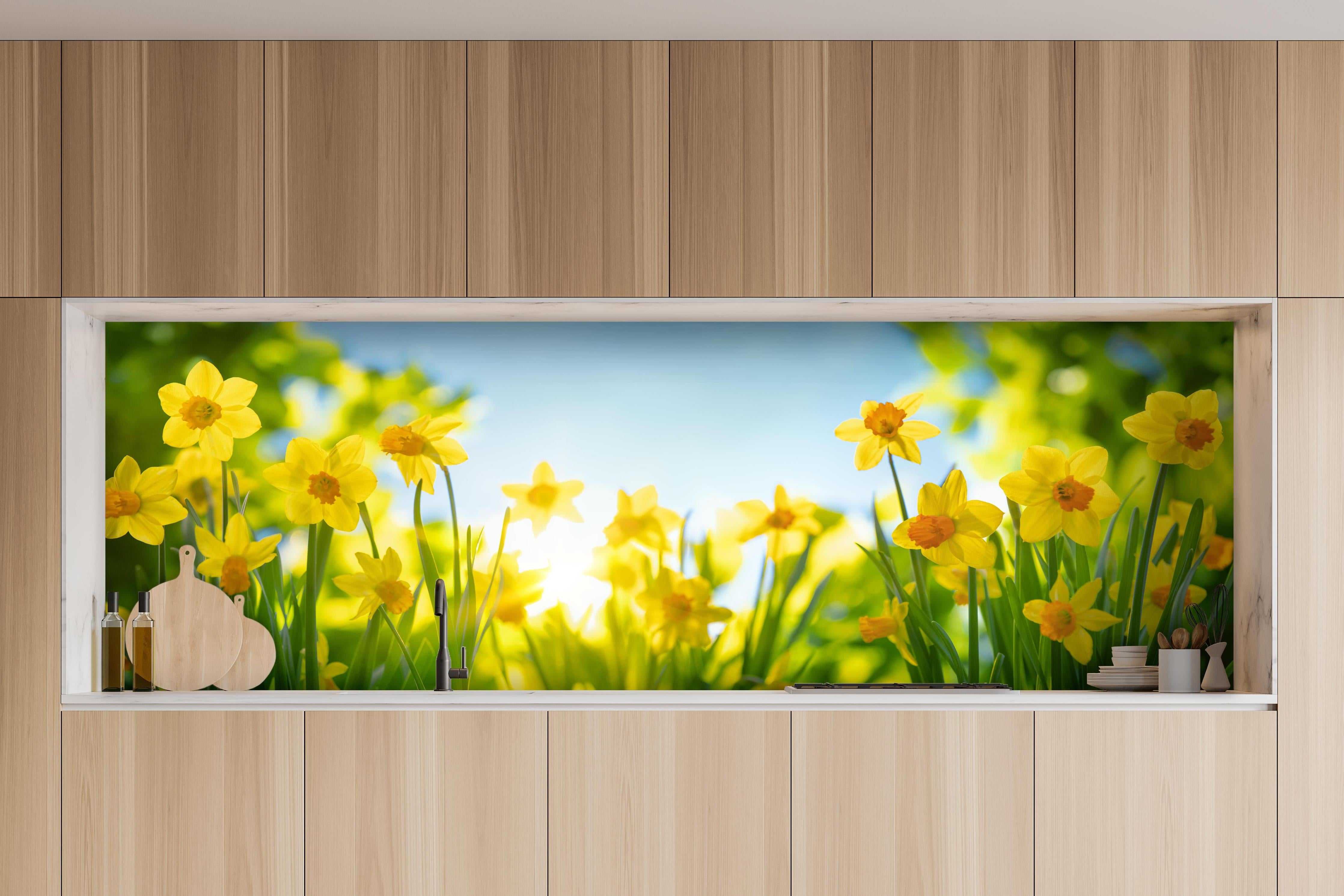 Küche - Blühende Frühlings-Narzissen hinter weißen Hochglanz-Küchenregalen und schwarzem Wasserhahn