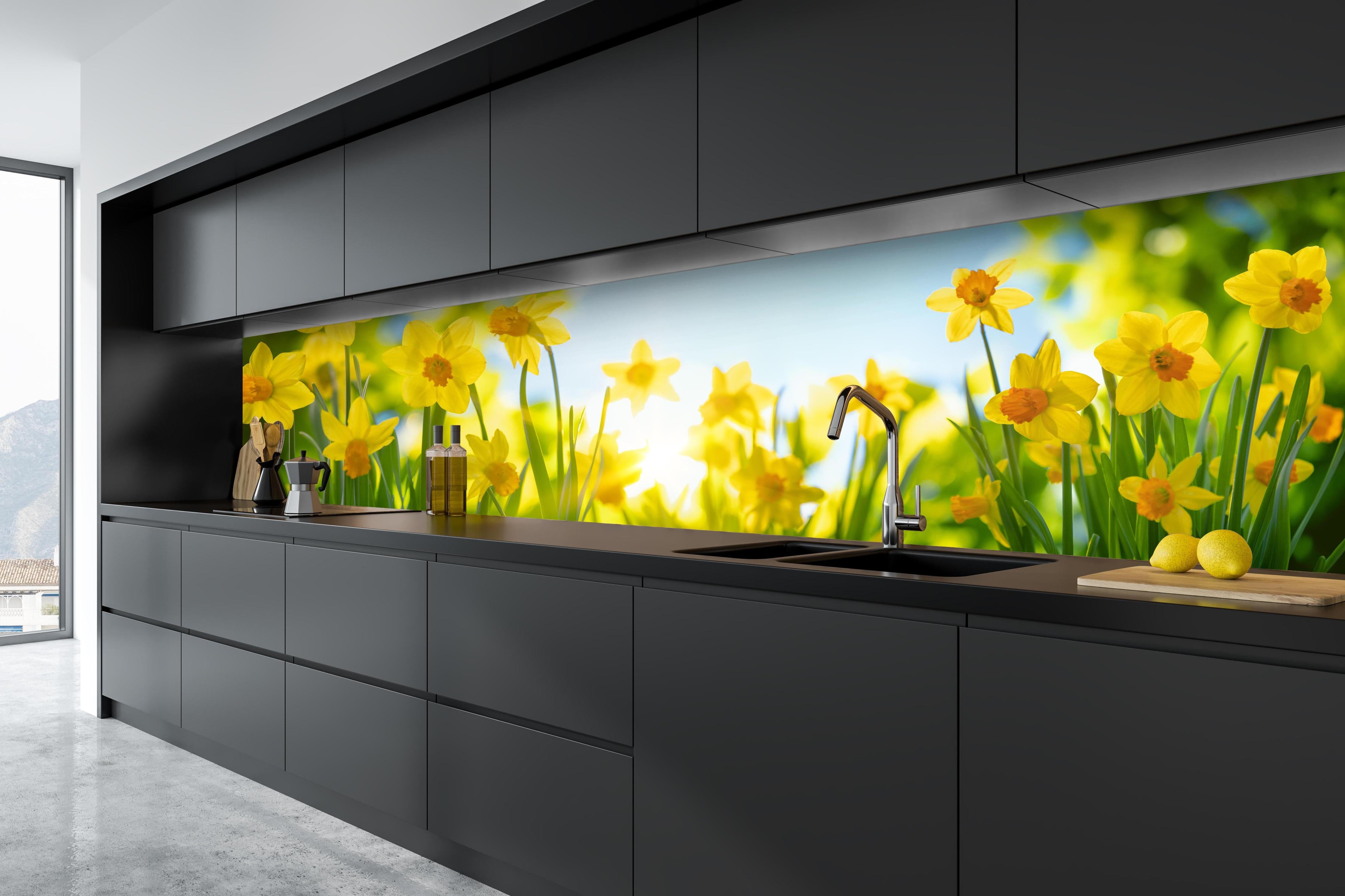 Küche - Blühende Frühlings-Narzissen hinter weißen Hochglanz-Küchenregalen und schwarzem Wasserhahn