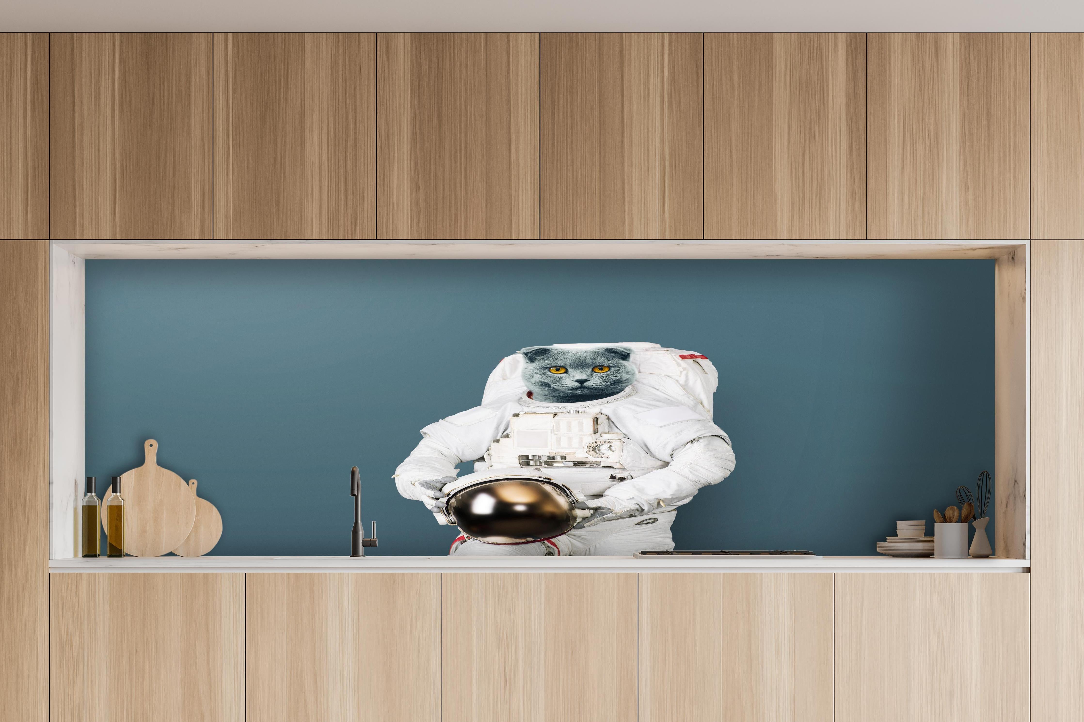 Küche - Britischer Katzen-Astronaut mit Helm hinter weißen Hochglanz-Küchenregalen und schwarzem Wasserhahn