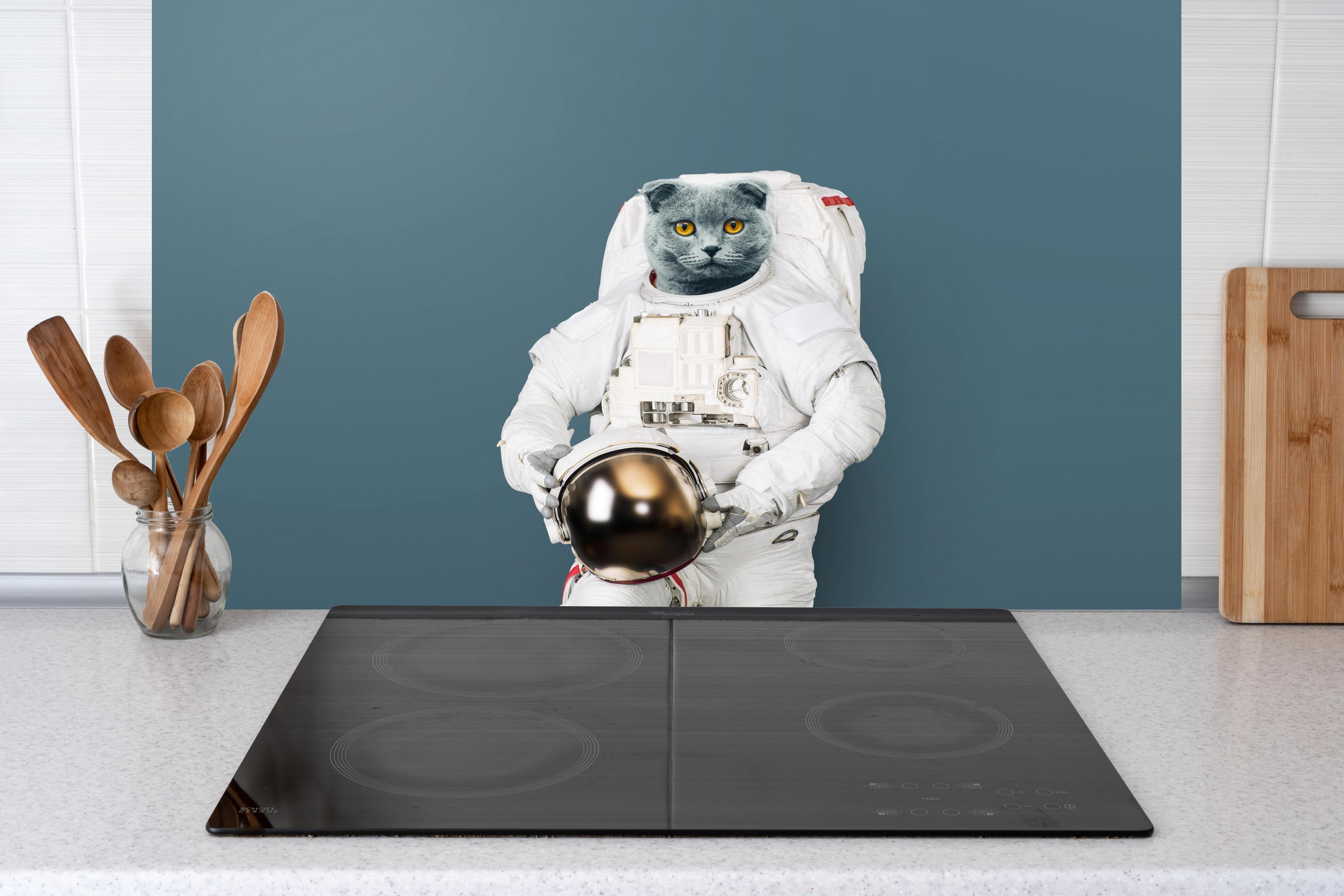 Küche - Britischer Katzen-Astronaut mit Helm hinter weißen Hochglanz-Küchenregalen und schwarzem Wasserhahn