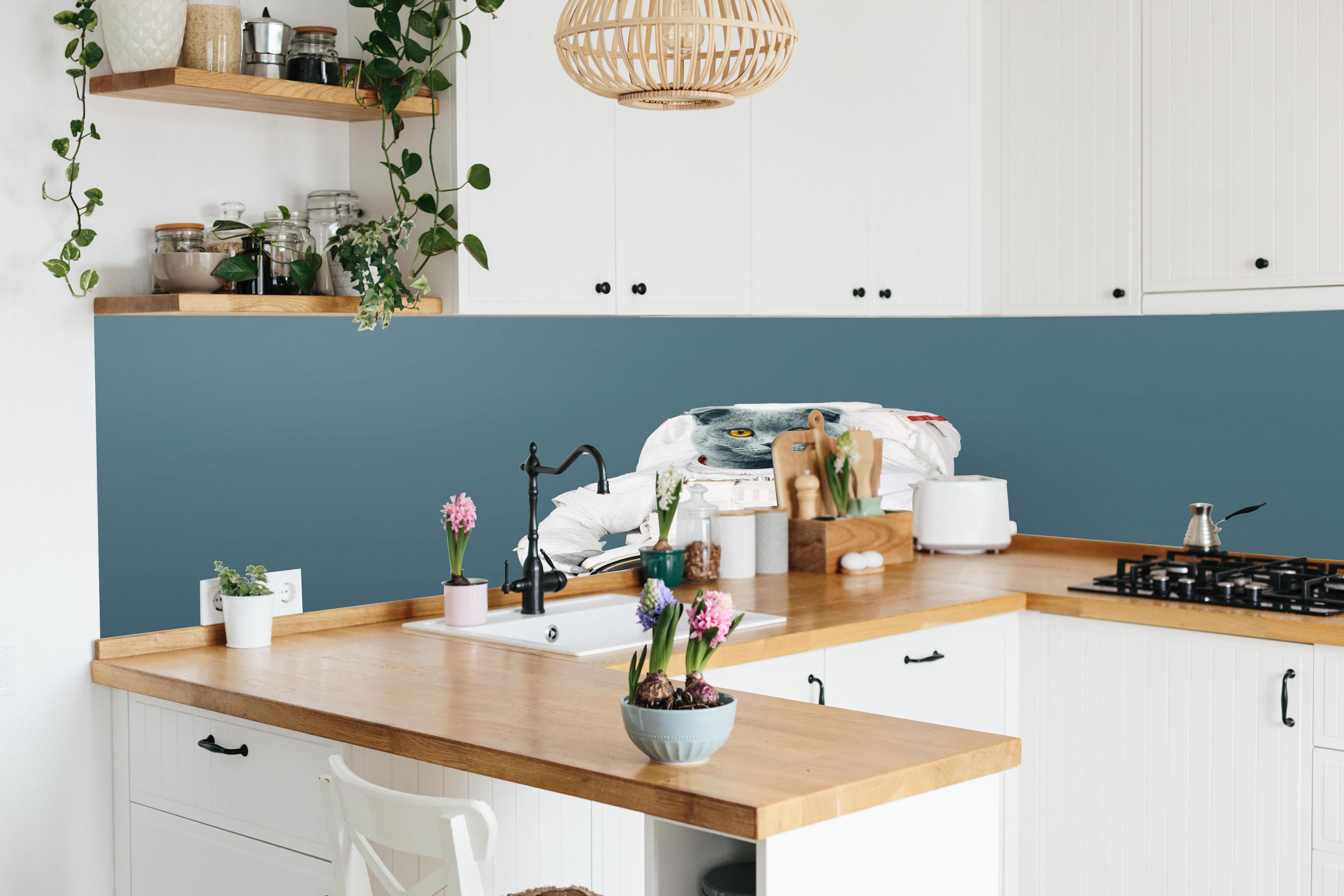 Küche - Britischer Katzen-Astronaut mit Helm hinter weißen Hochglanz-Küchenregalen und schwarzem Wasserhahn