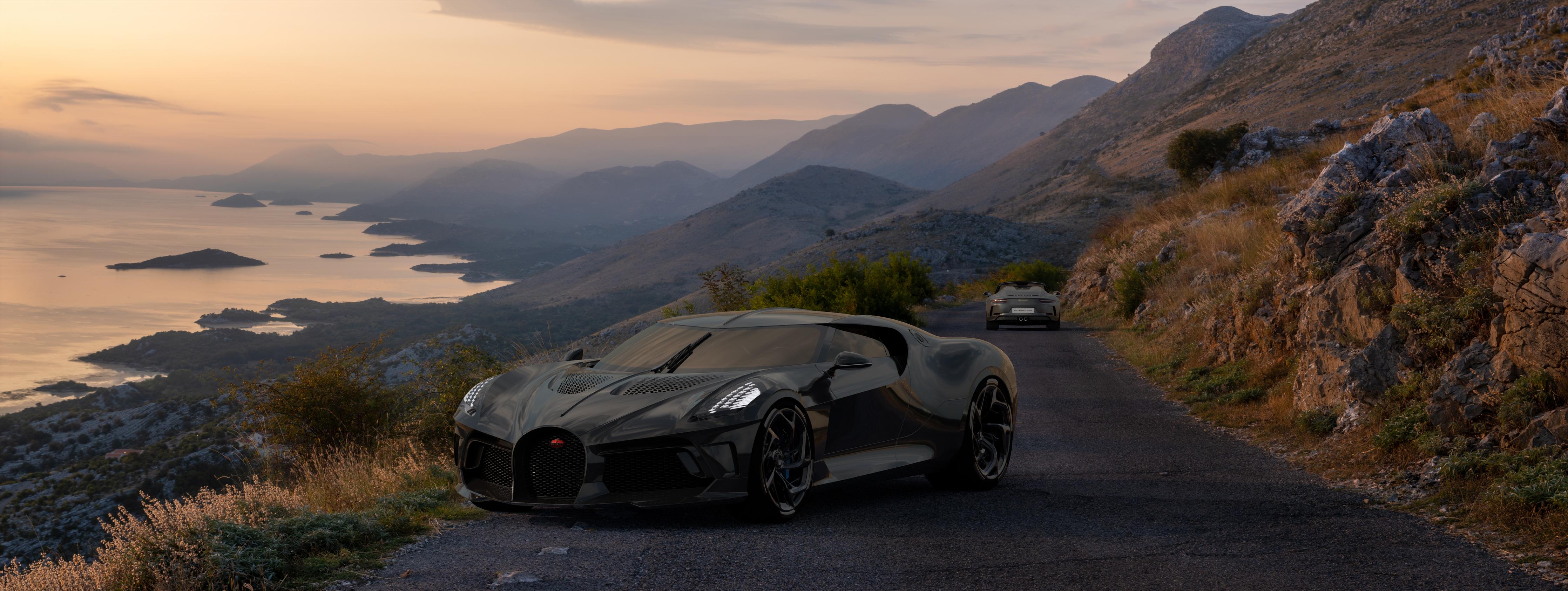 Küchenrückwand-Bugatti La Voiture Noire auf einer Straße am Meer