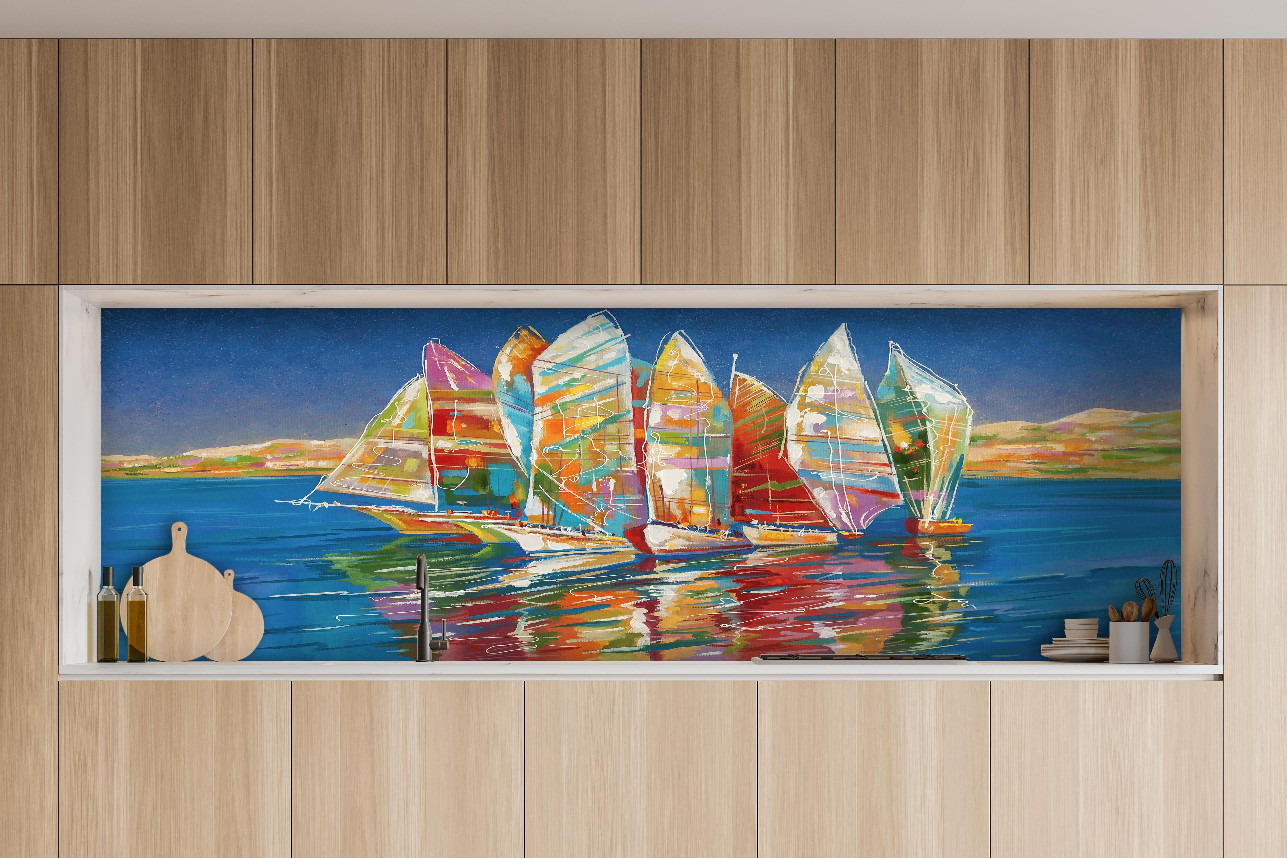 Küche - Bunte Boote auf dem Meer - Ölgemälde hinter weißen Hochglanz-Küchenregalen und schwarzem Wasserhahn