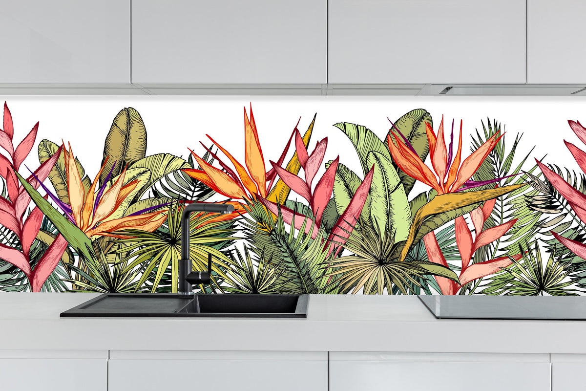 Küche - Bunter Exotische Pflanzen Illustration Print hinter weißen Hochglanz-Küchenregalen und schwarzem Wasserhahn