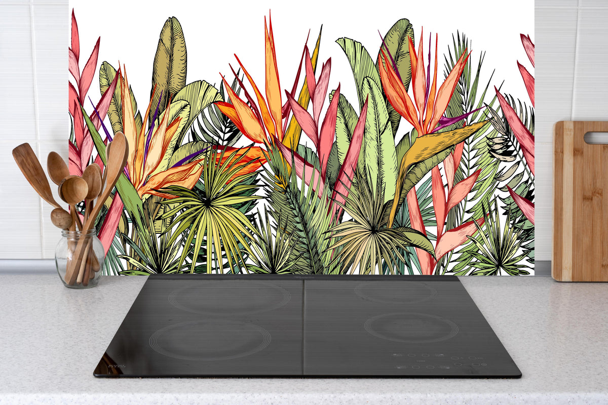Küche - Bunter Exotische Pflanzen Illustration Print hinter weißen Hochglanz-Küchenregalen und schwarzem Wasserhahn