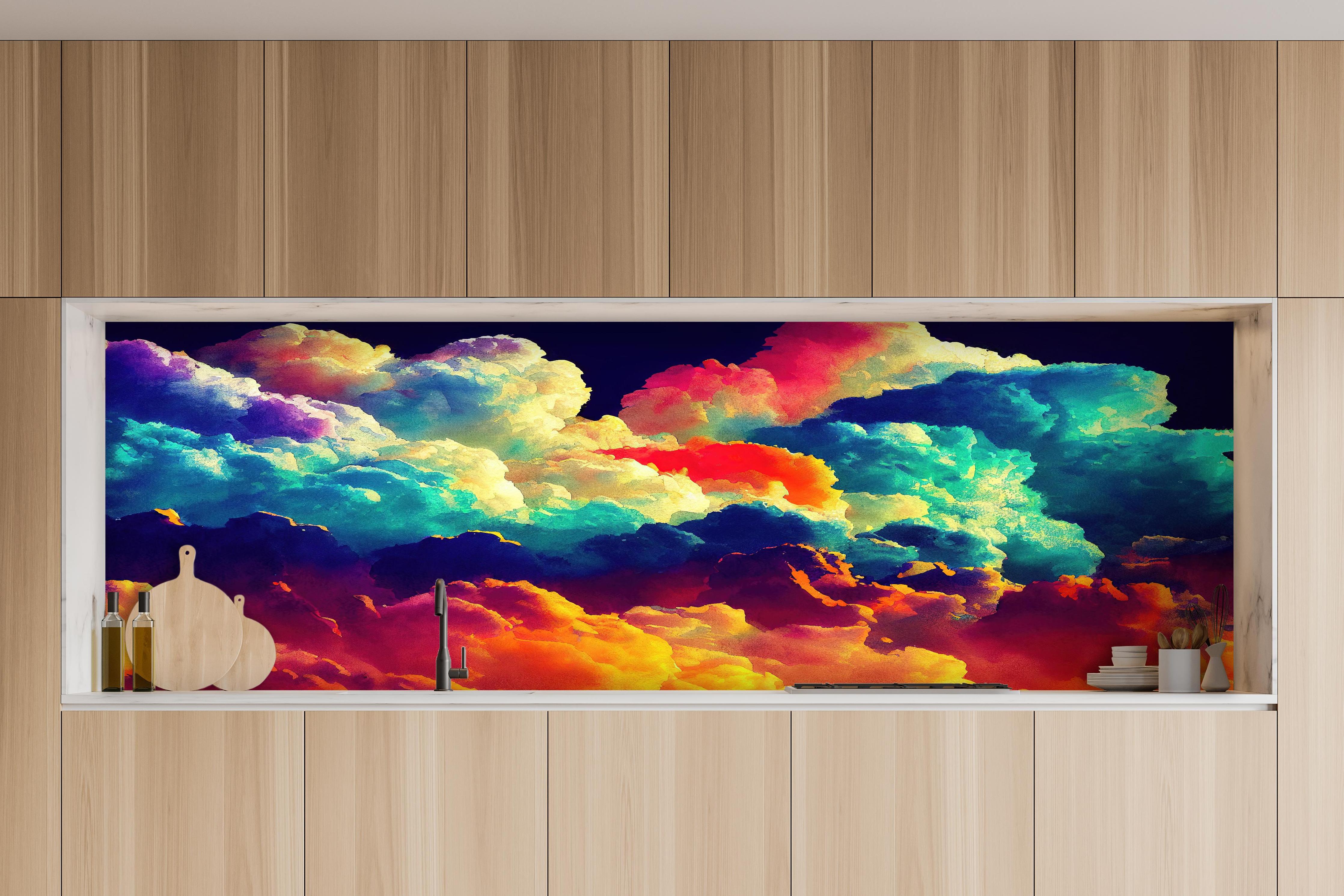 Küche - Bunter Wolkenhimmel hinter weißen Hochglanz-Küchenregalen und schwarzem Wasserhahn