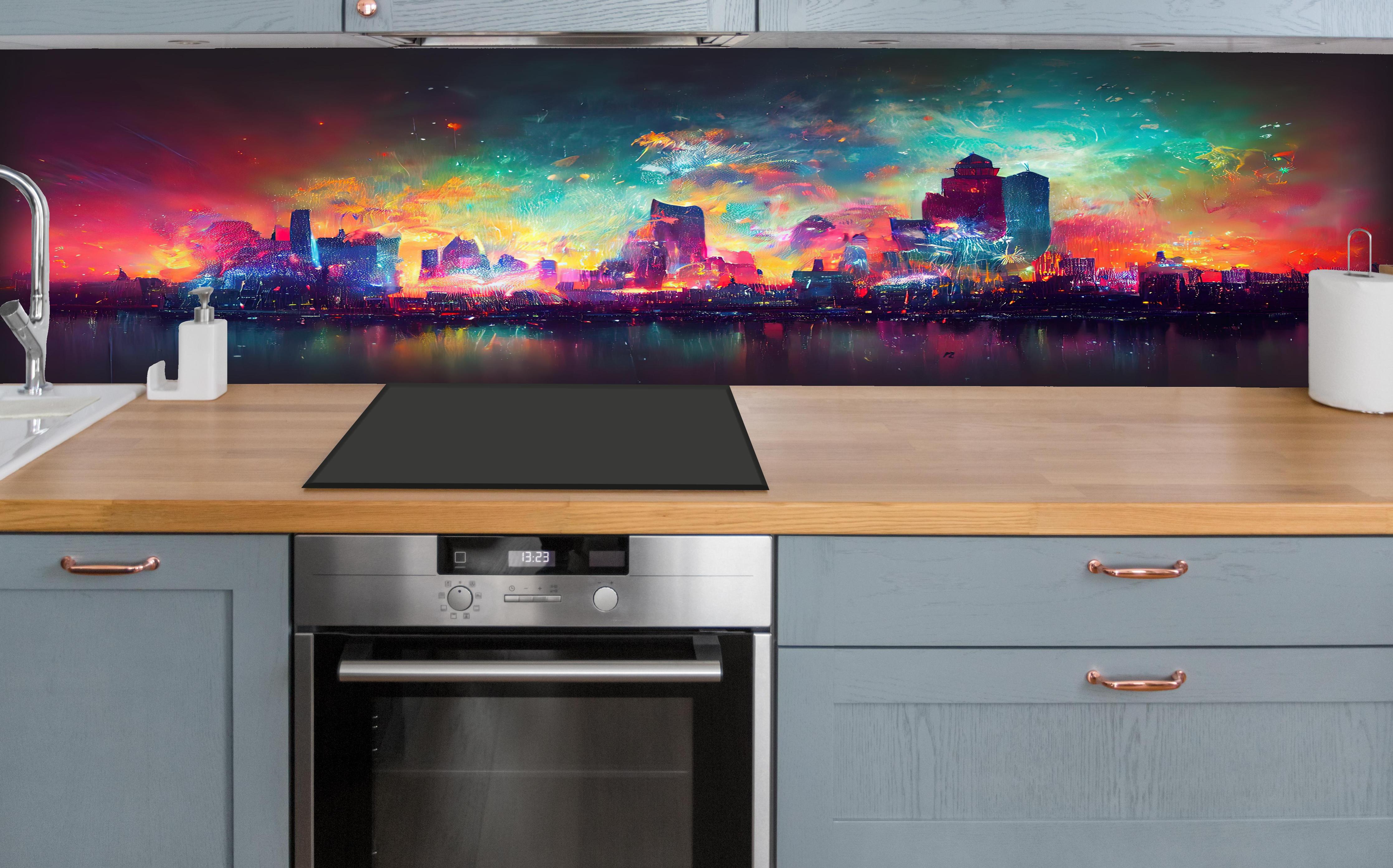 Küche - Buntes Feuerwerk bei Nacht - Graphik hinter weißen Hochglanz-Küchenregalen und schwarzem Wasserhahn