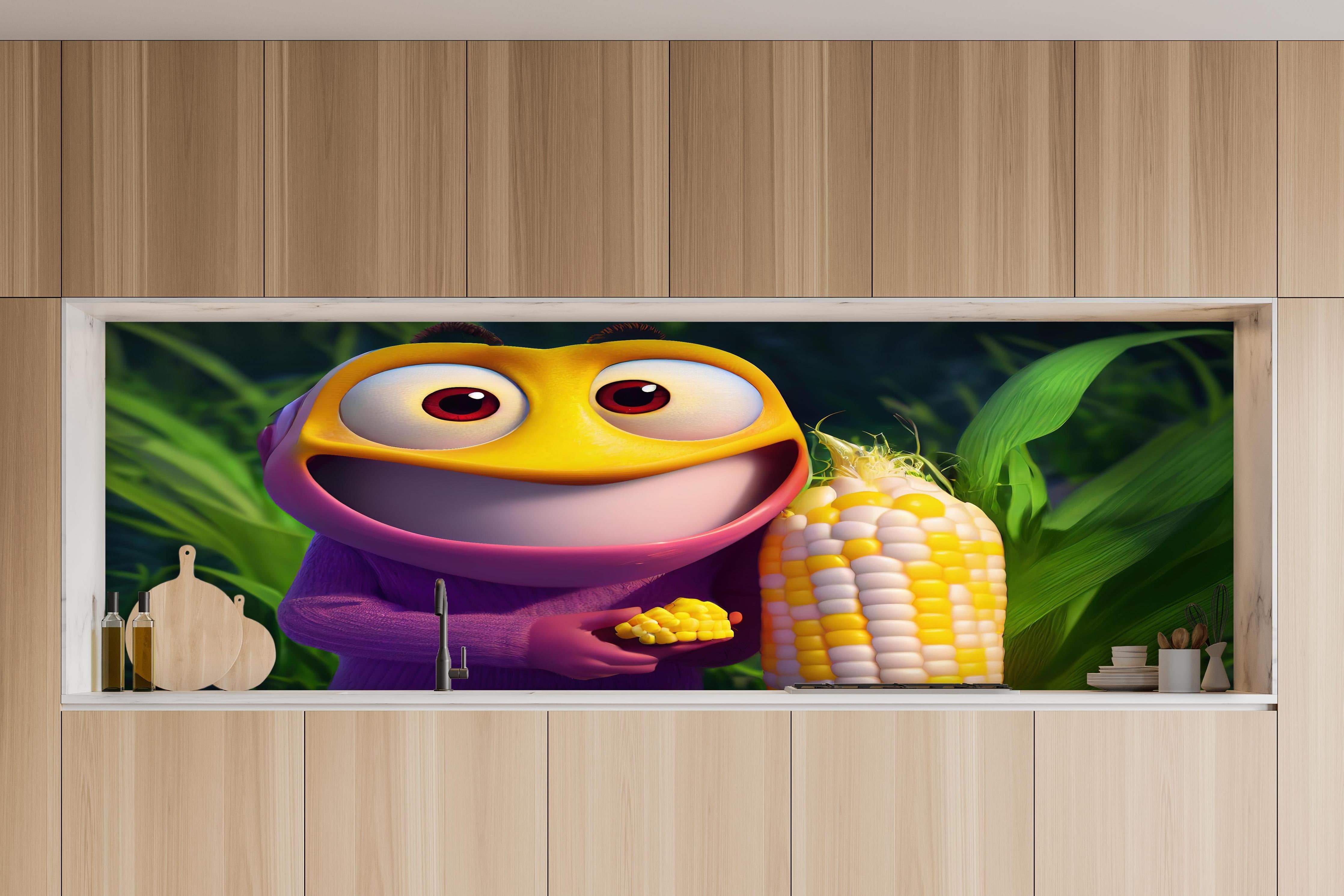 Küche - Cartoon Character mit Maiskolben hinter weißen Hochglanz-Küchenregalen und schwarzem Wasserhahn
