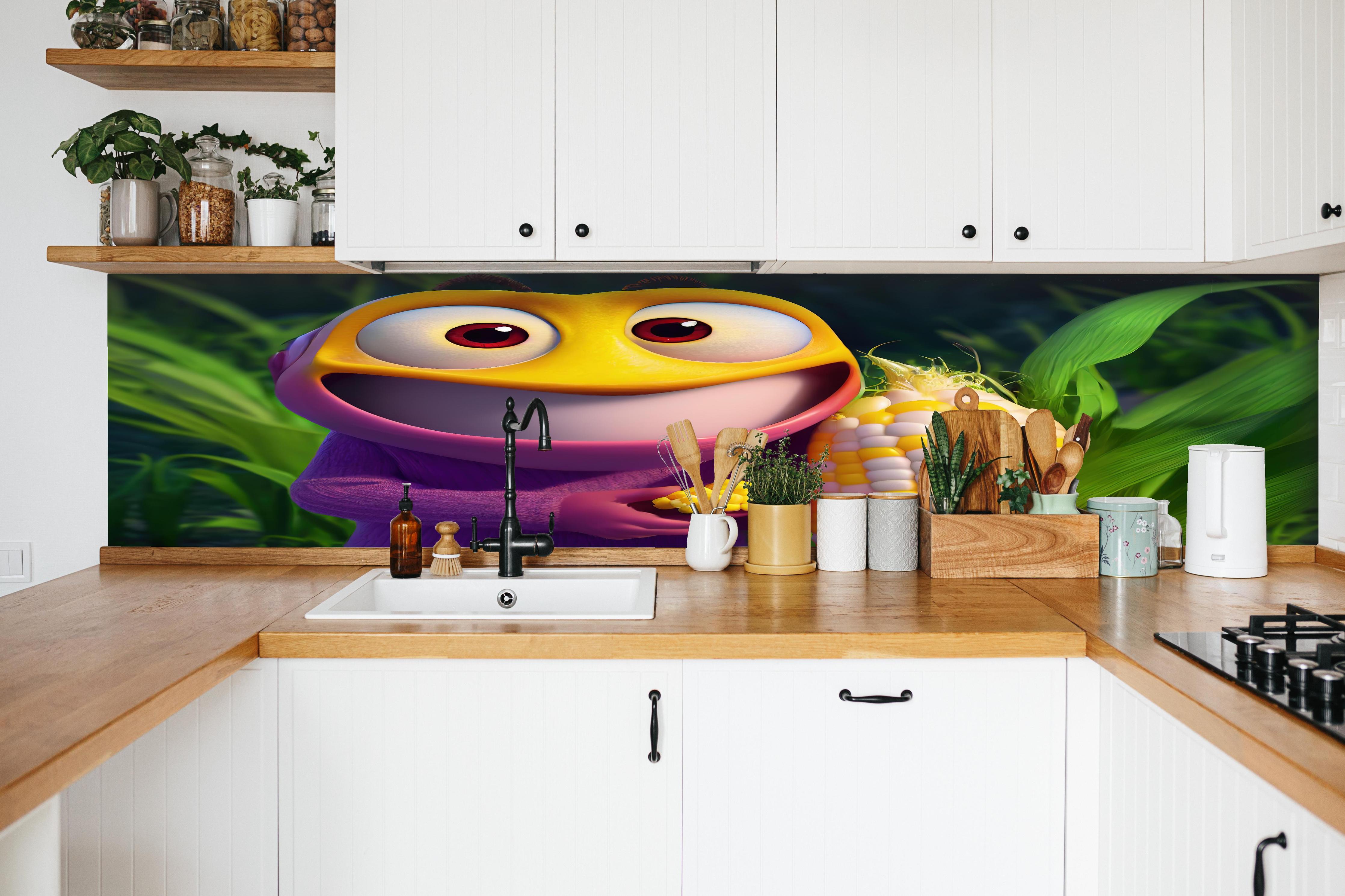 Küche - Cartoon Character mit Maiskolben hinter weißen Hochglanz-Küchenregalen und schwarzem Wasserhahn