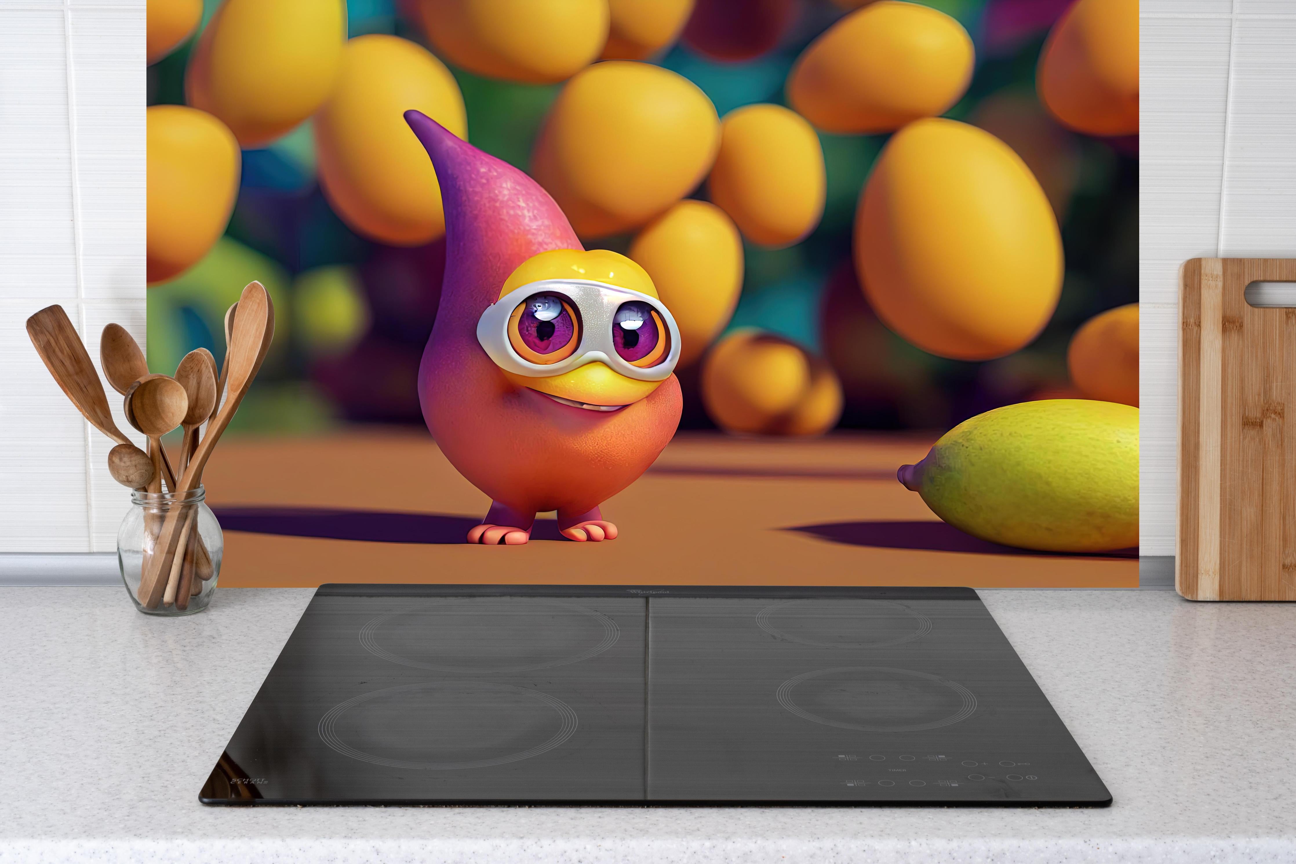 Küche - Cartoon Mangos hinter weißen Hochglanz-Küchenregalen und schwarzem Wasserhahn