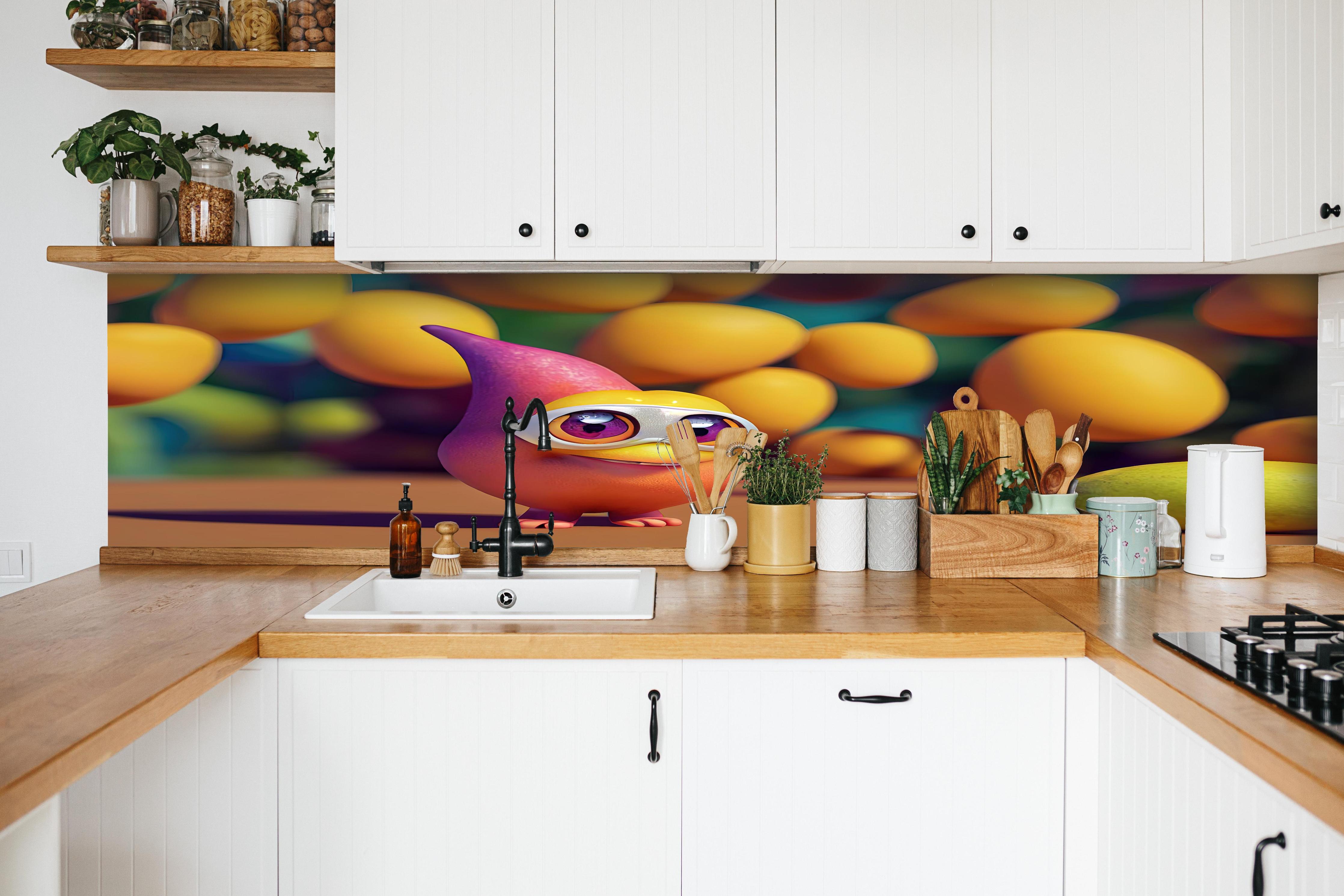 Küche - Cartoon Mangos hinter weißen Hochglanz-Küchenregalen und schwarzem Wasserhahn